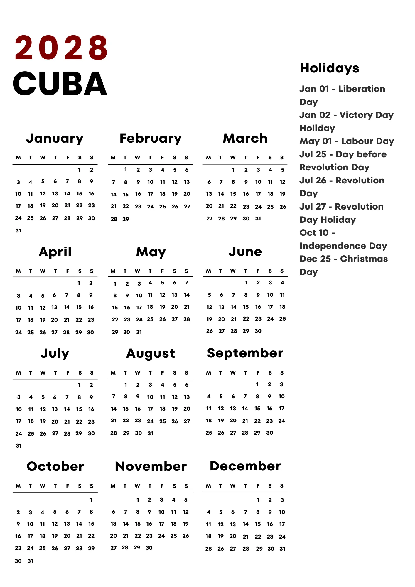 Cuba Calendar 2028
