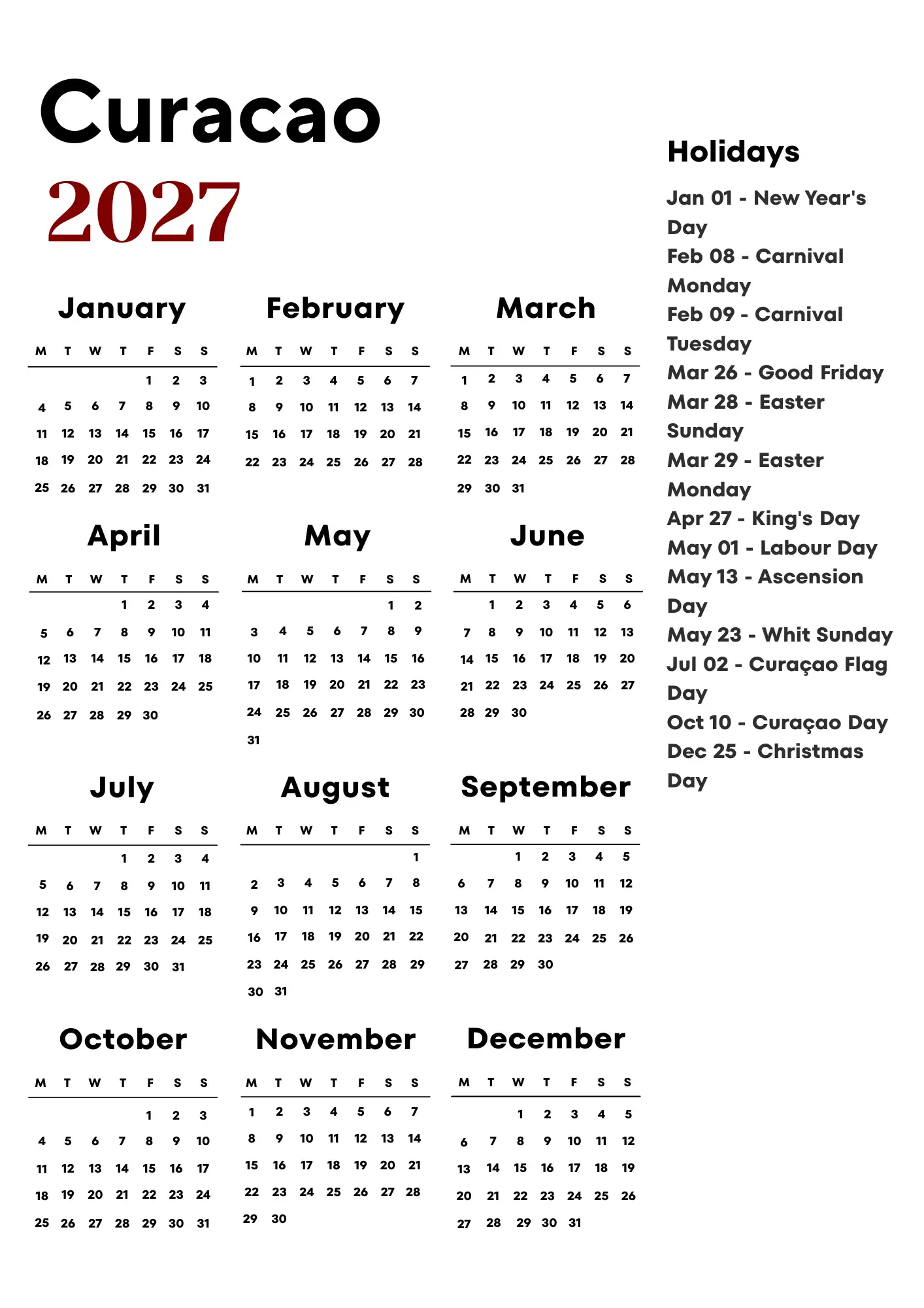Curacao Calendar 2027