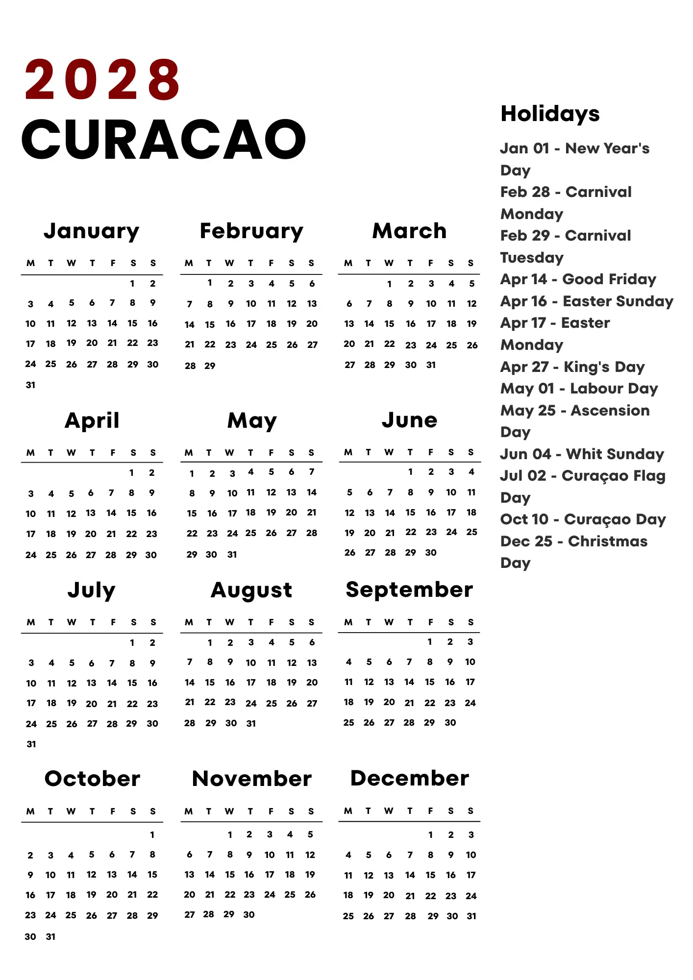 Curacao Calendar 2028