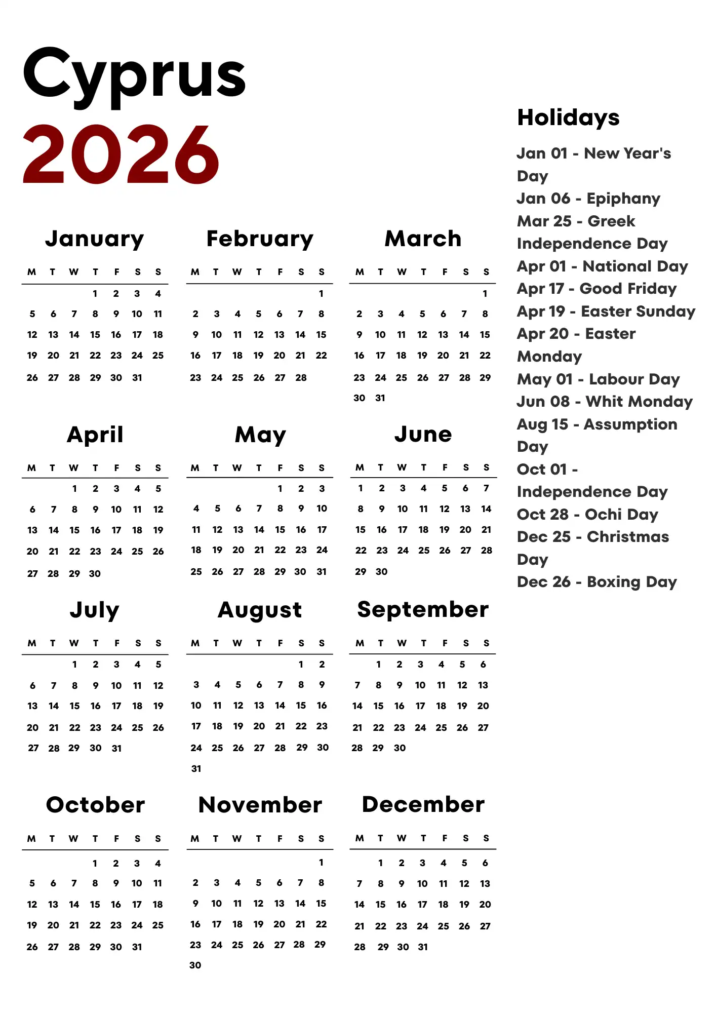 Cyprus Calendar 2026