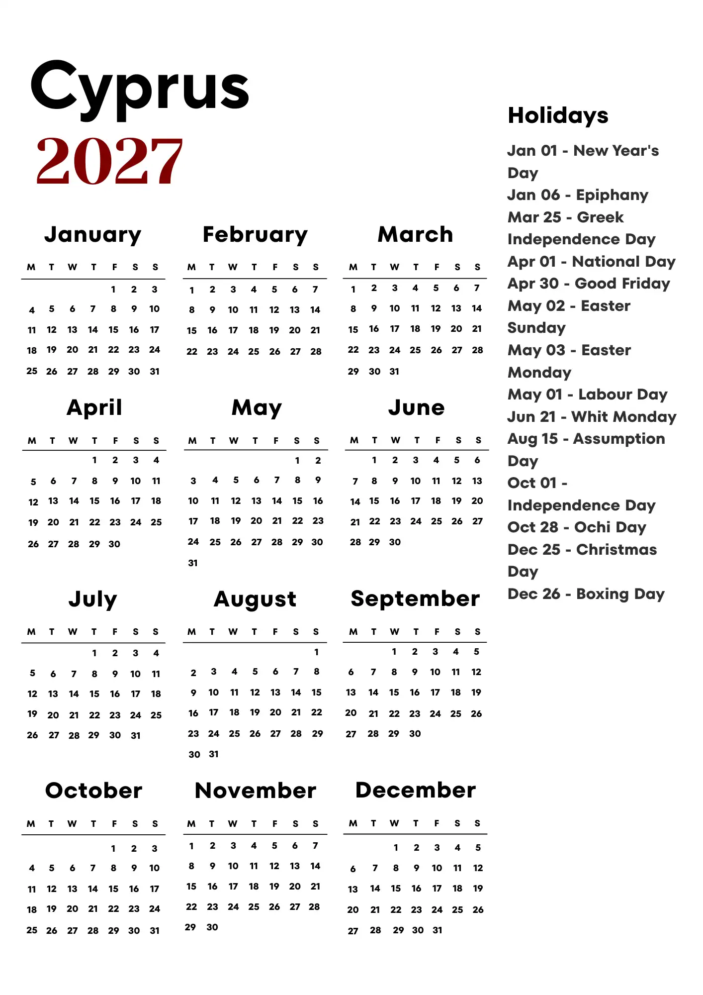 Cyprus Calendar 2027