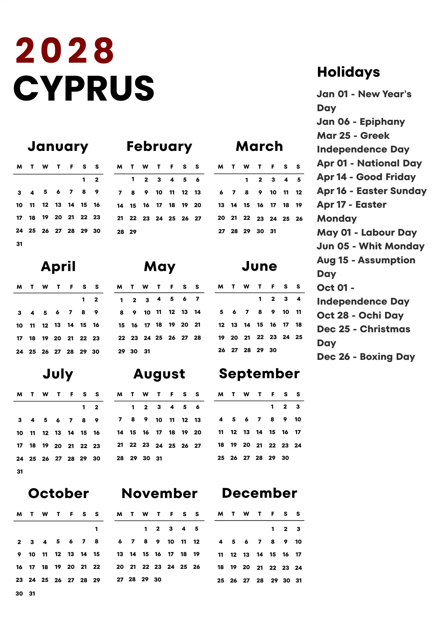 Cyprus Calendar 2028