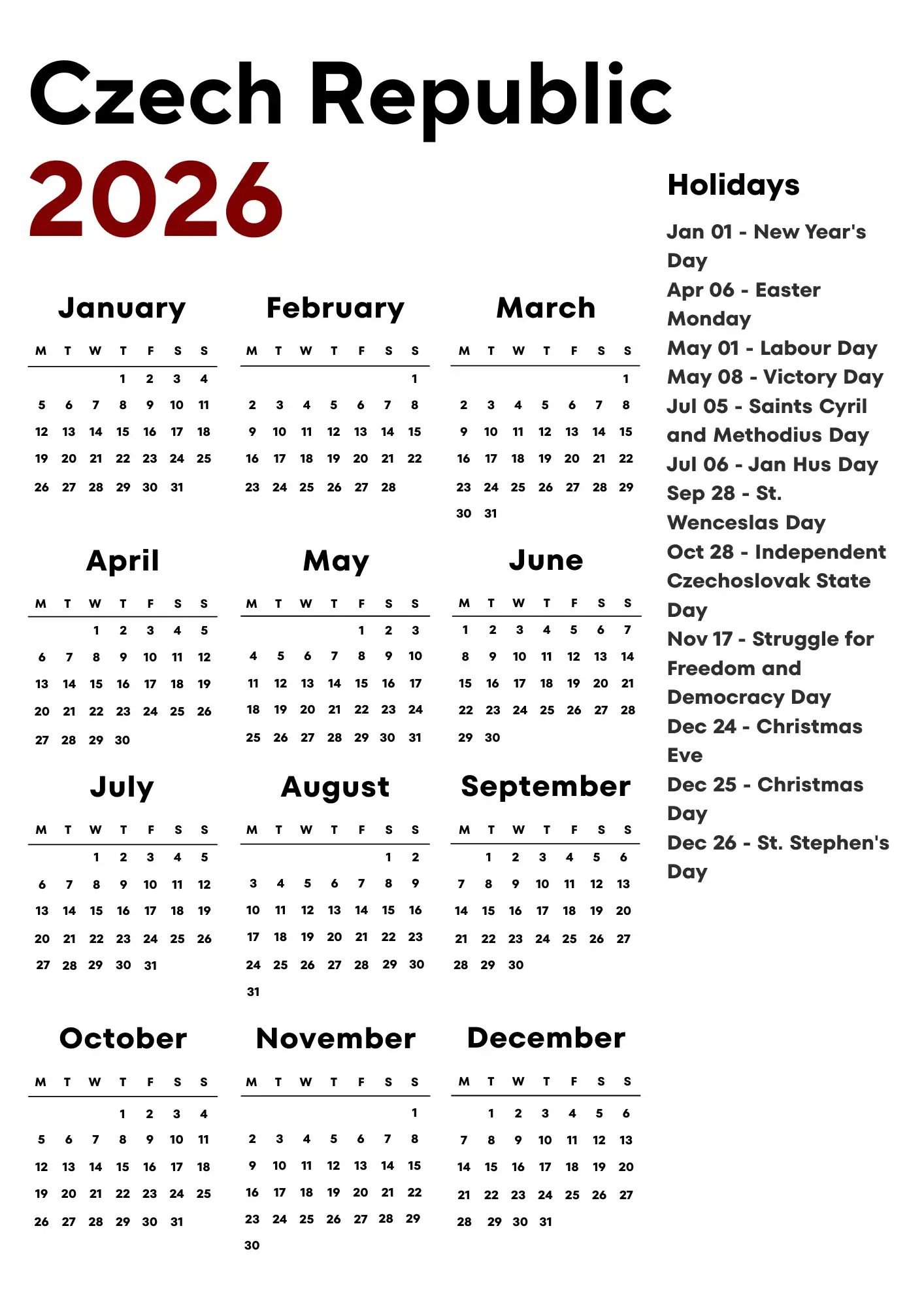 Czech Republic Calendar 2026