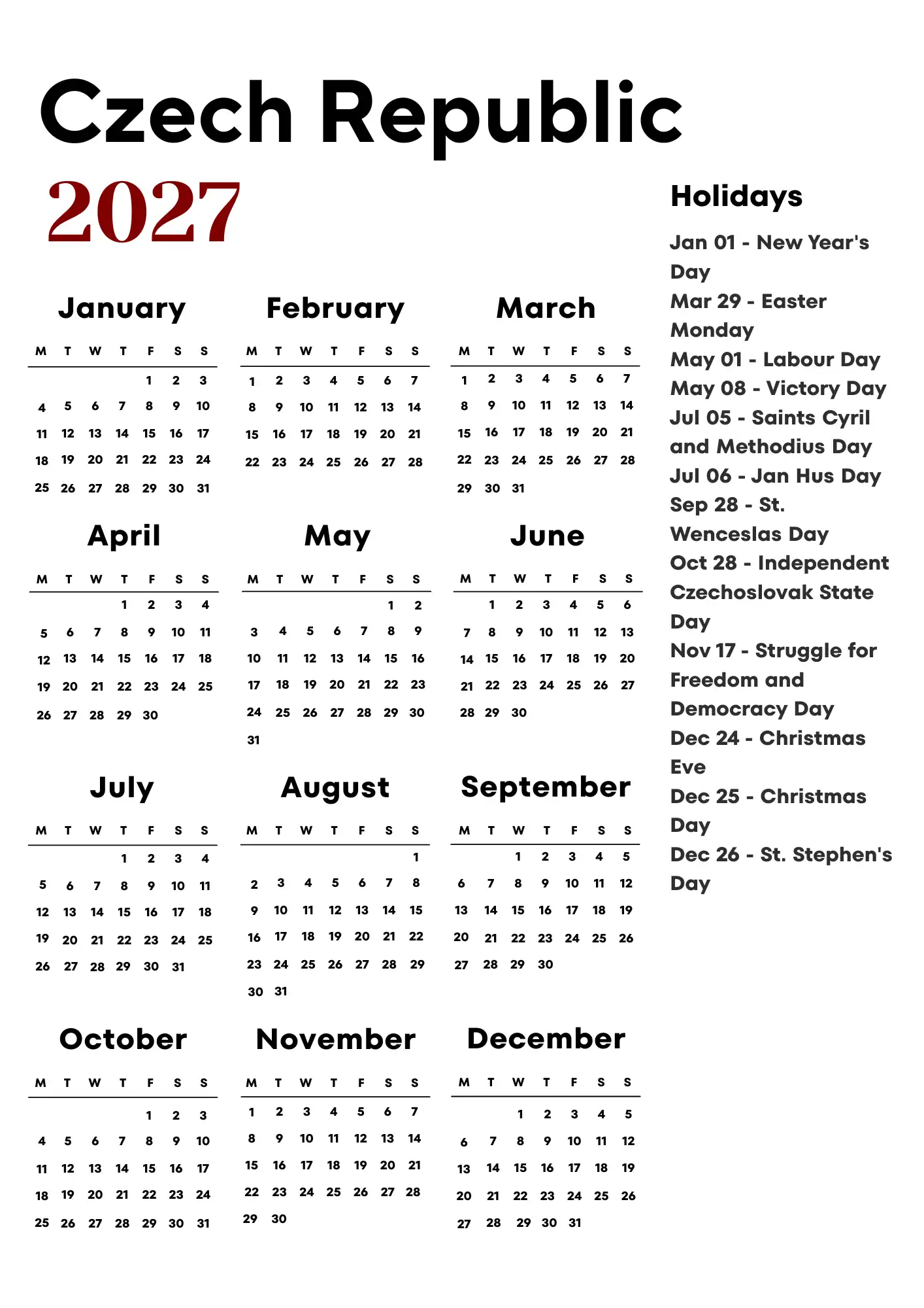 Czech Republic Calendar 2027