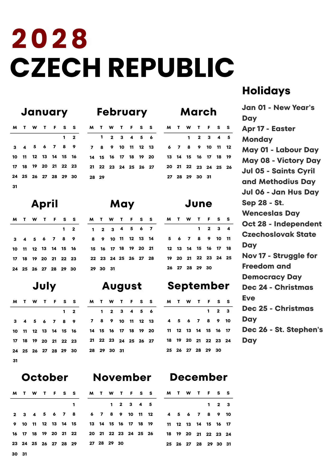 Czech Republic Calendar 2028