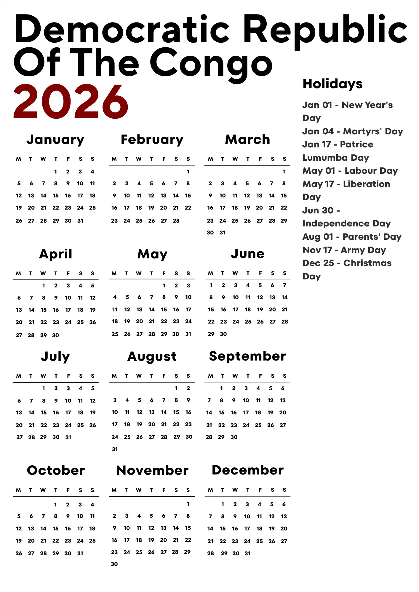 Democratic Republic Of The Congo Calendar 2026