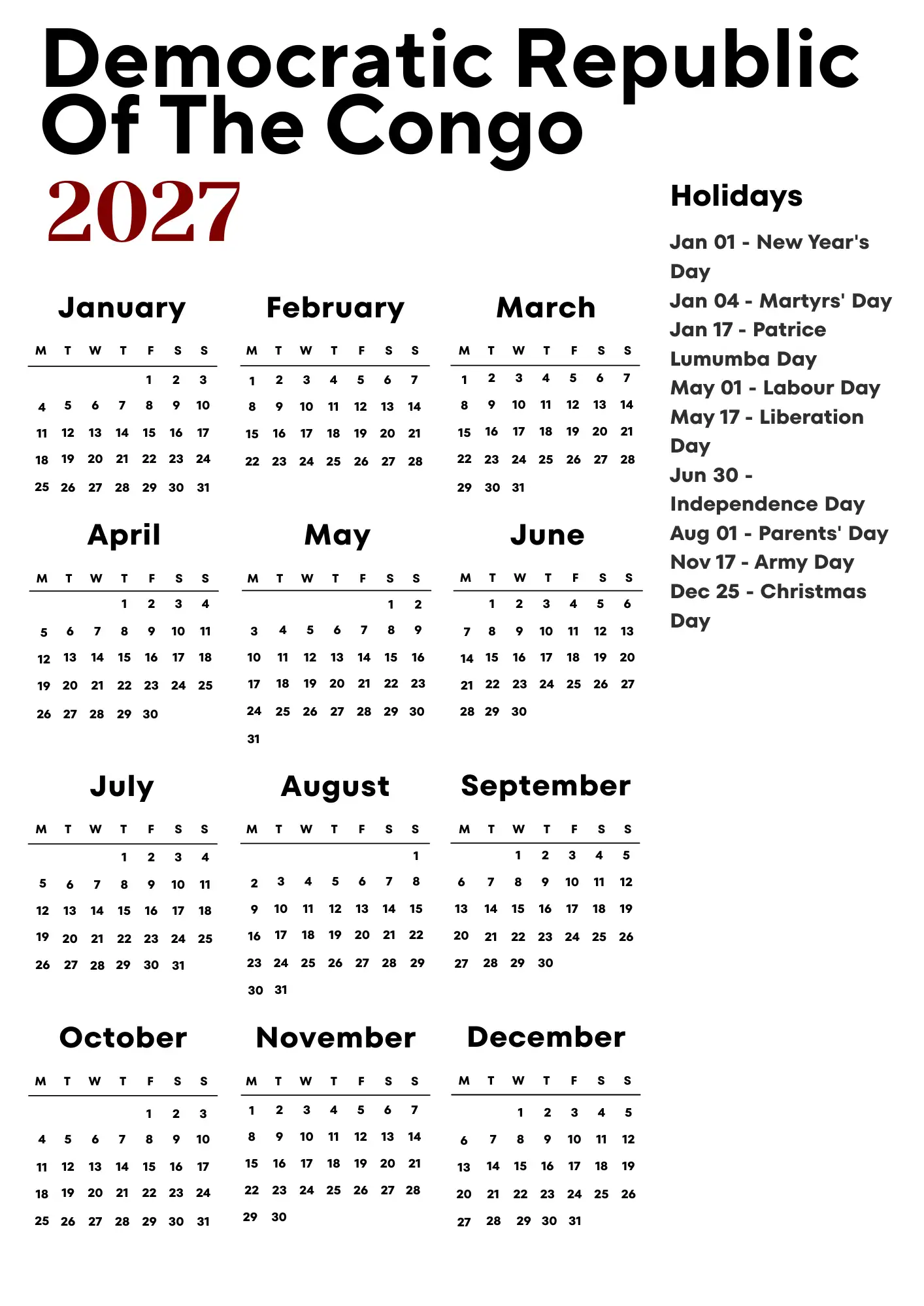 Democratic Republic Of The Congo Calendar 2027
