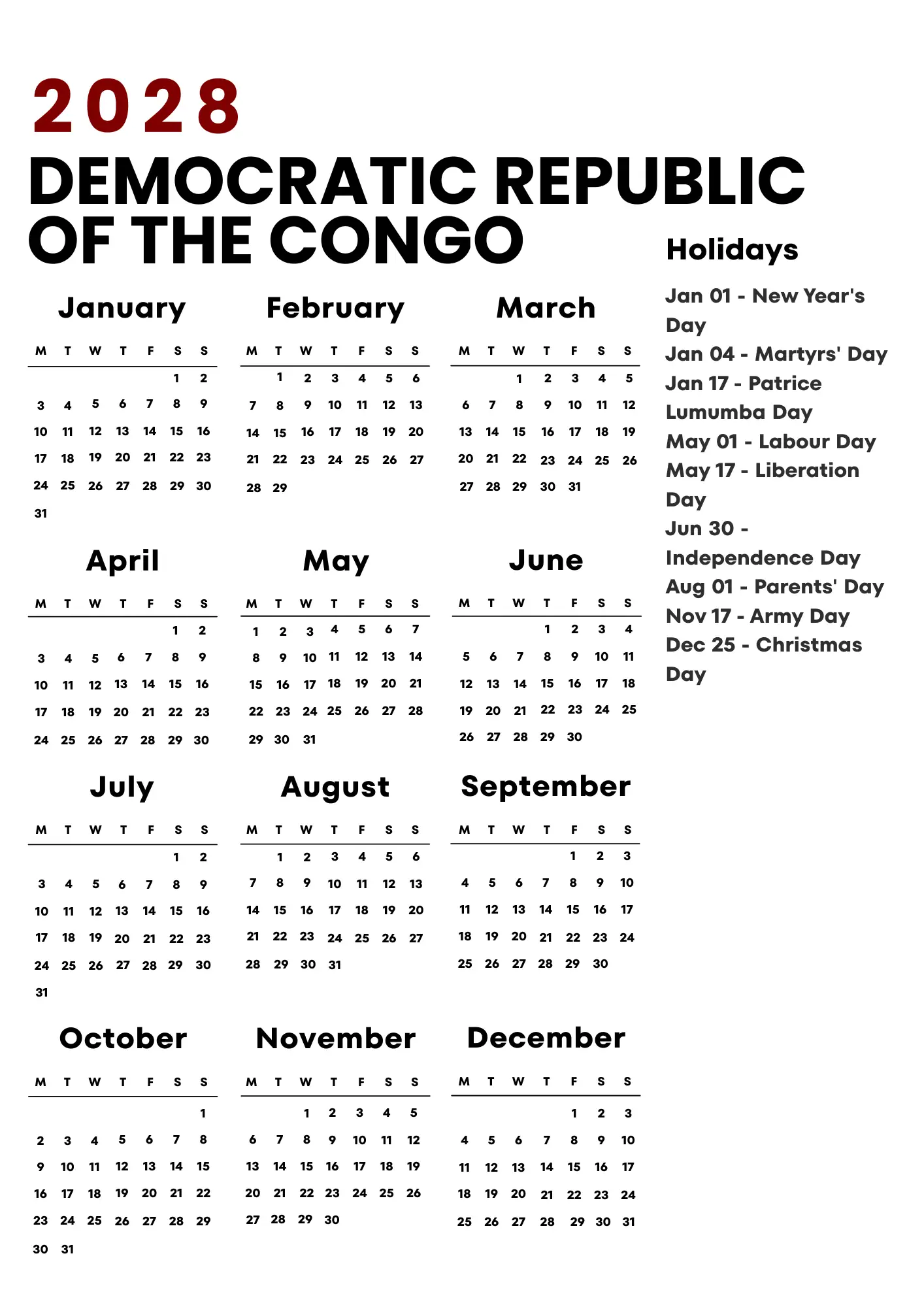 Democratic Republic Of The Congo Calendar 2028
