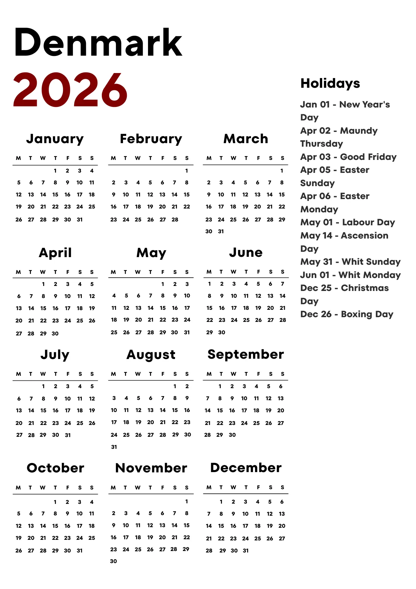 Denmark Calendar 2026