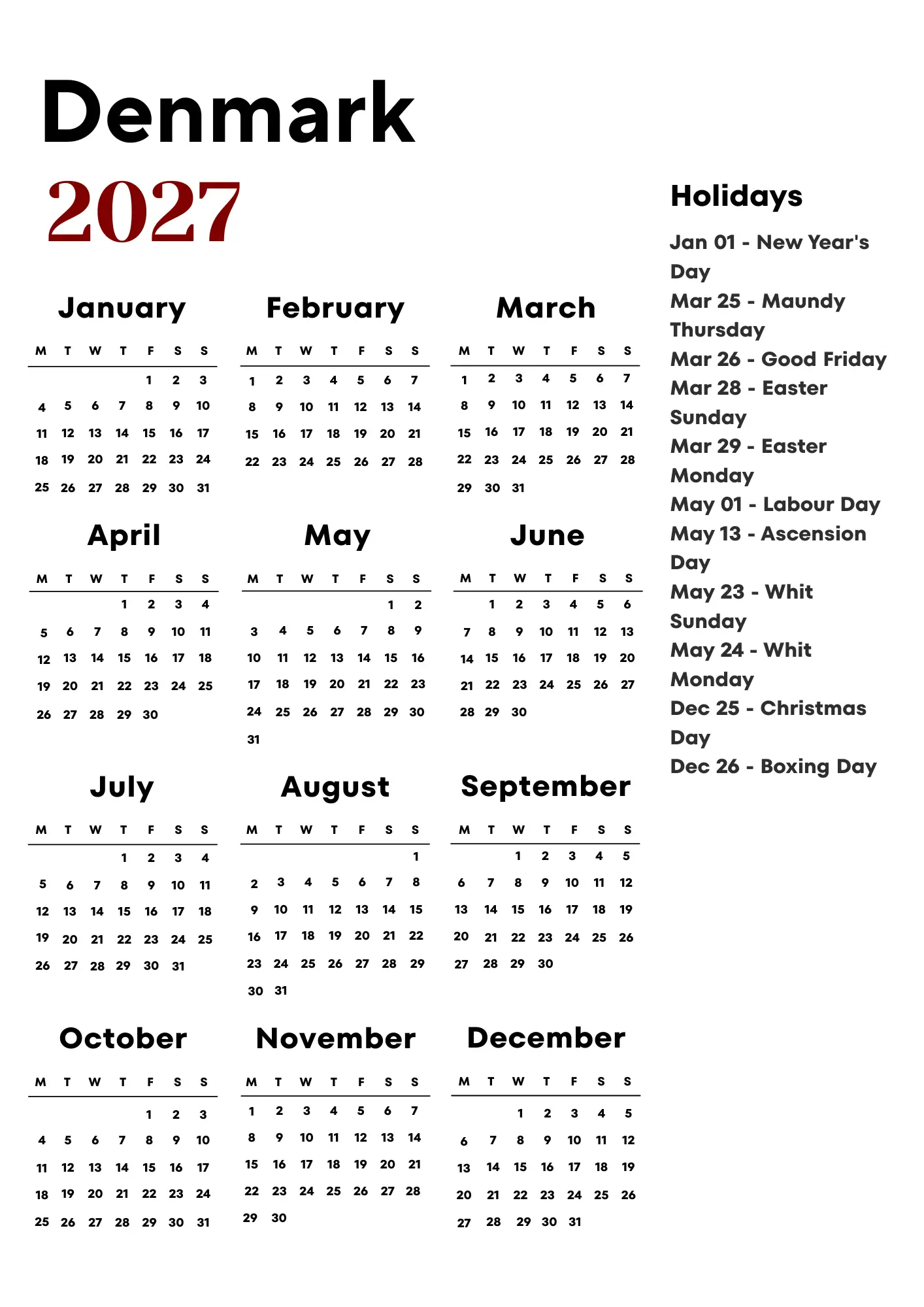 Denmark Calendar 2027