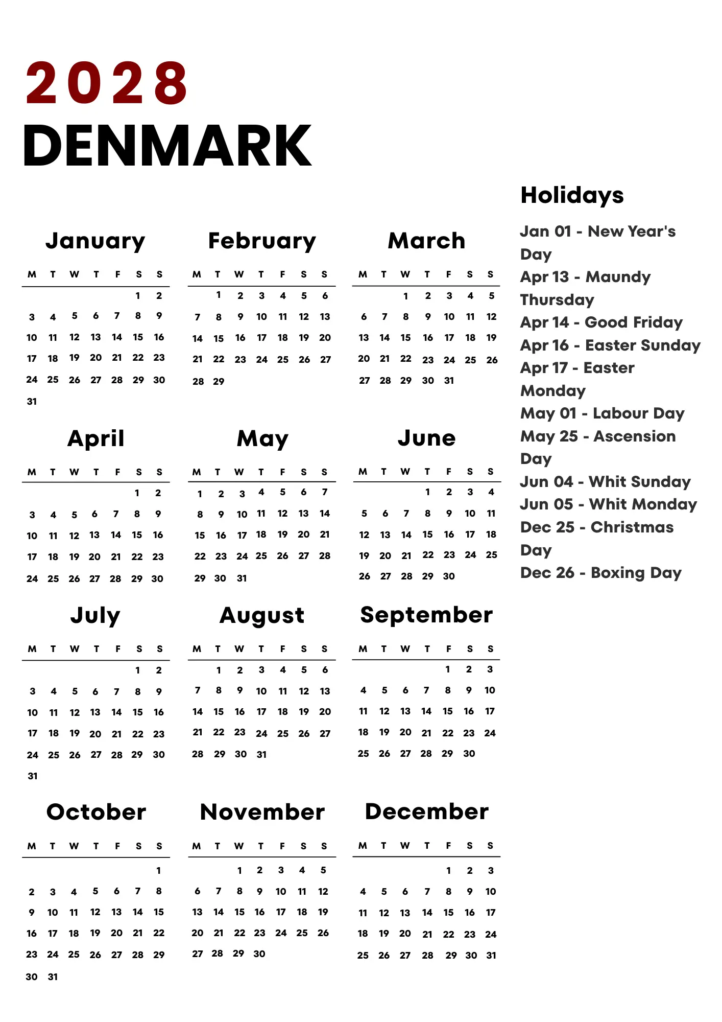 Denmark Calendar 2028