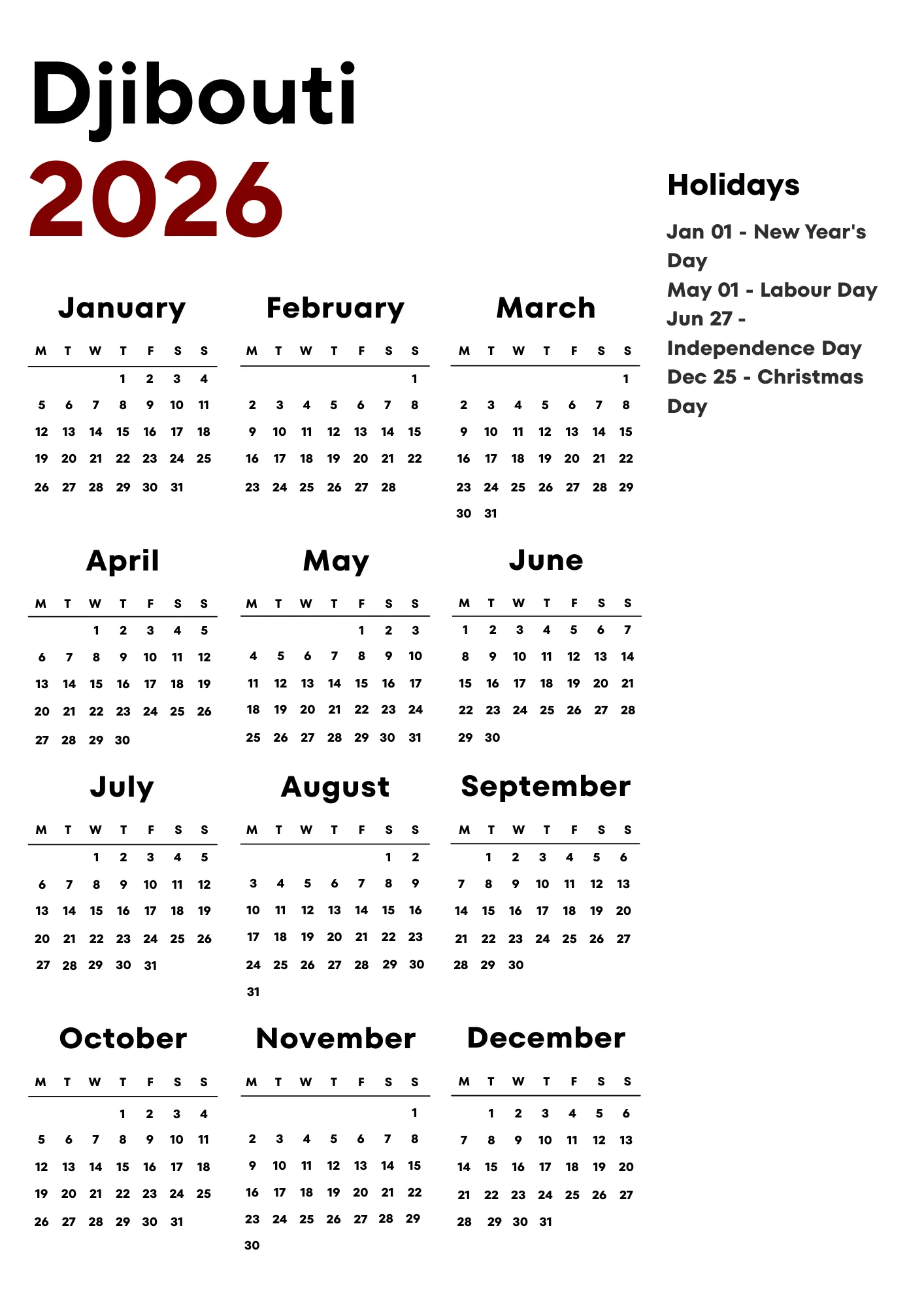 Djibouti Calendar 2026