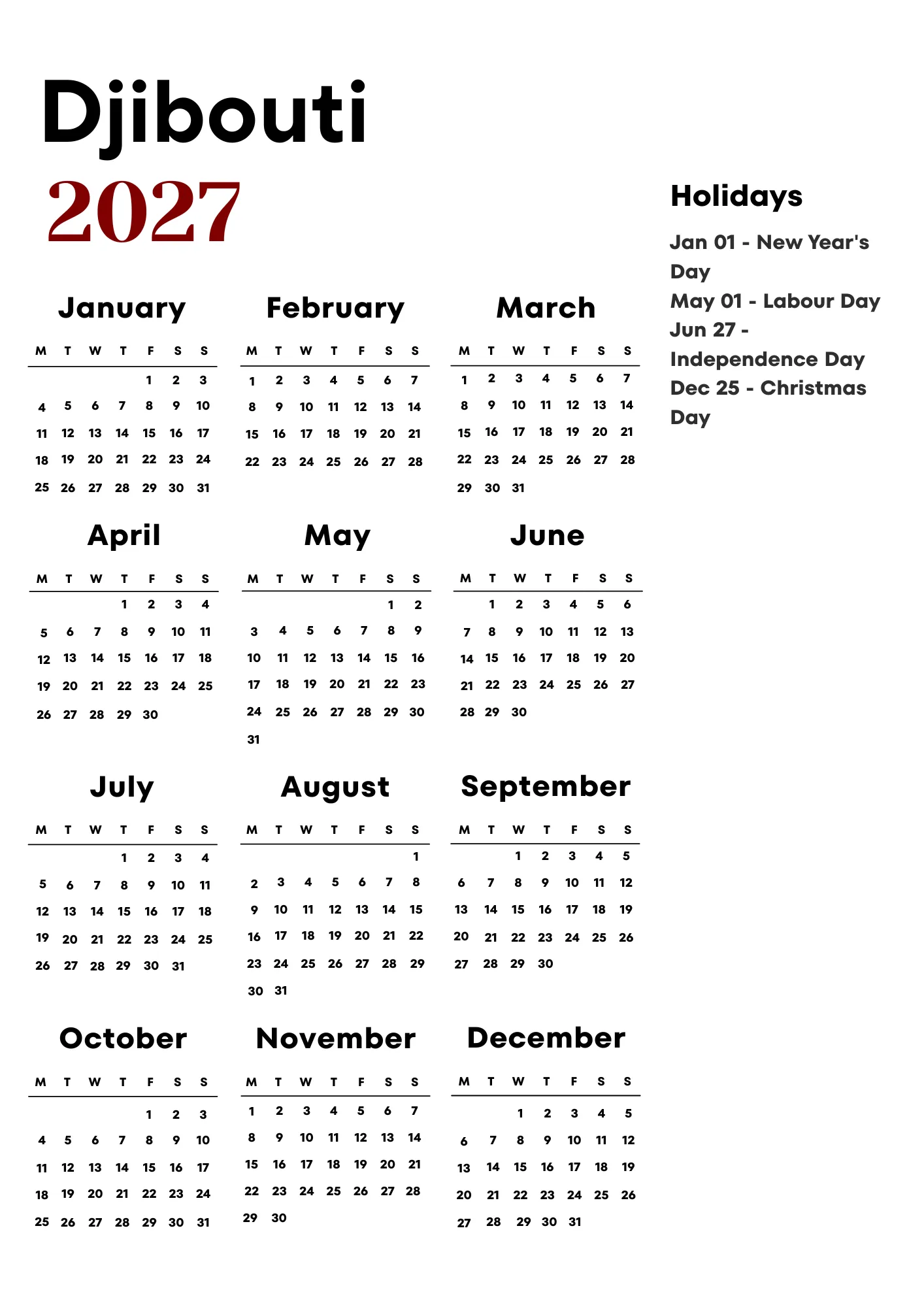 Djibouti Calendar 2027