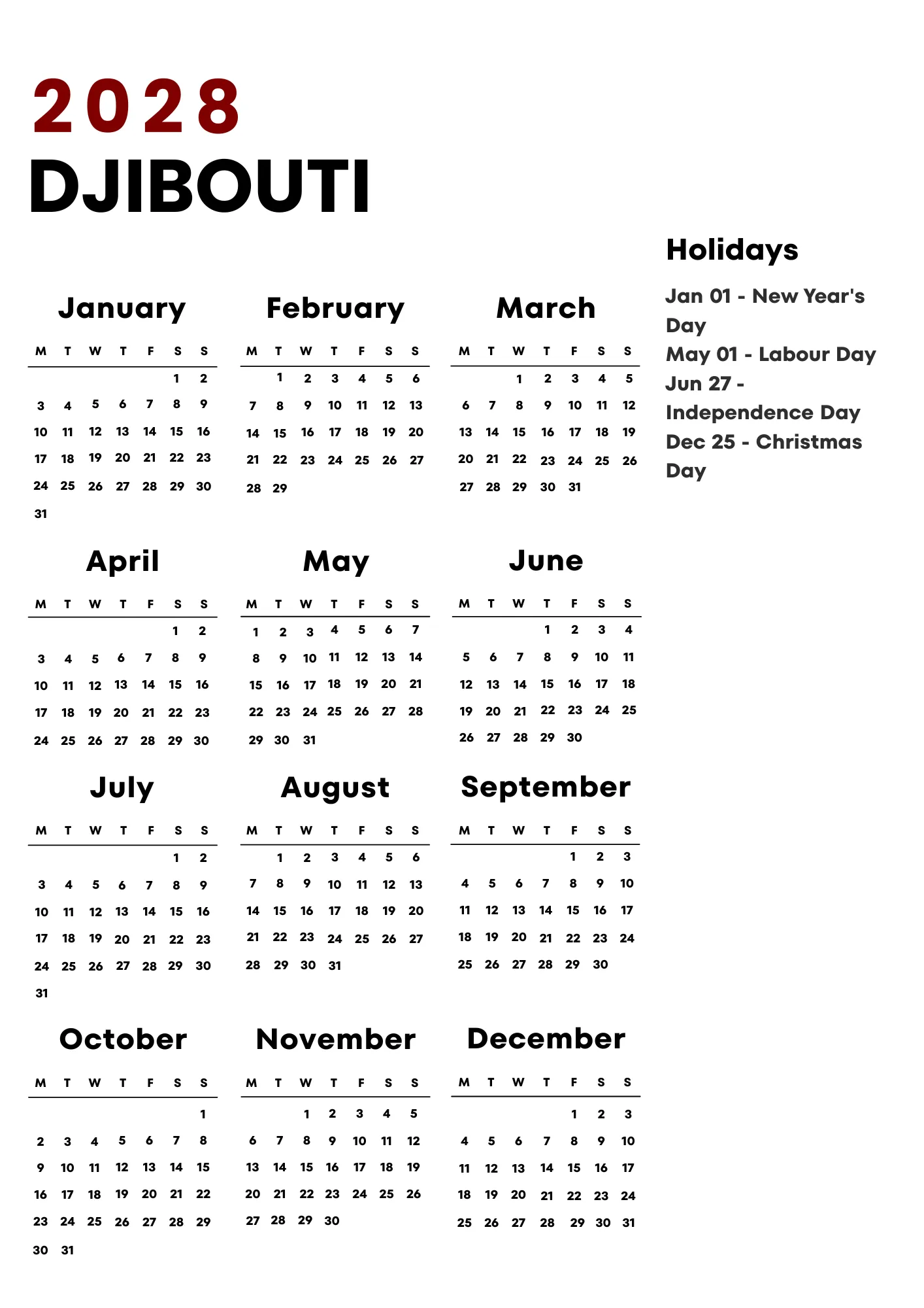 Djibouti Calendar 2028