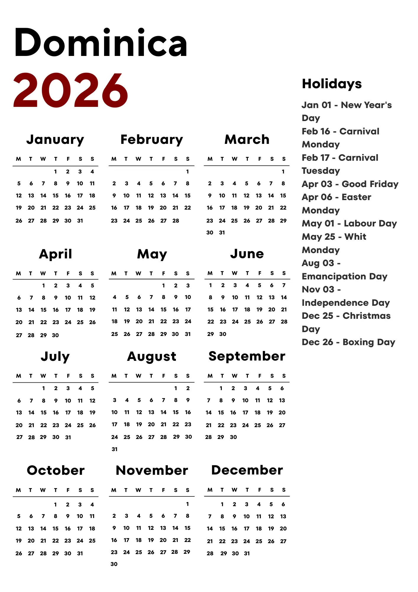 Dominica Calendar 2026