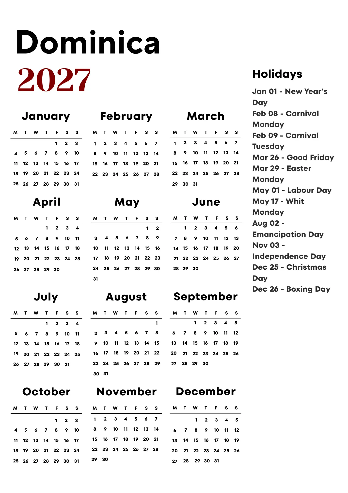 Dominica Calendar 2027