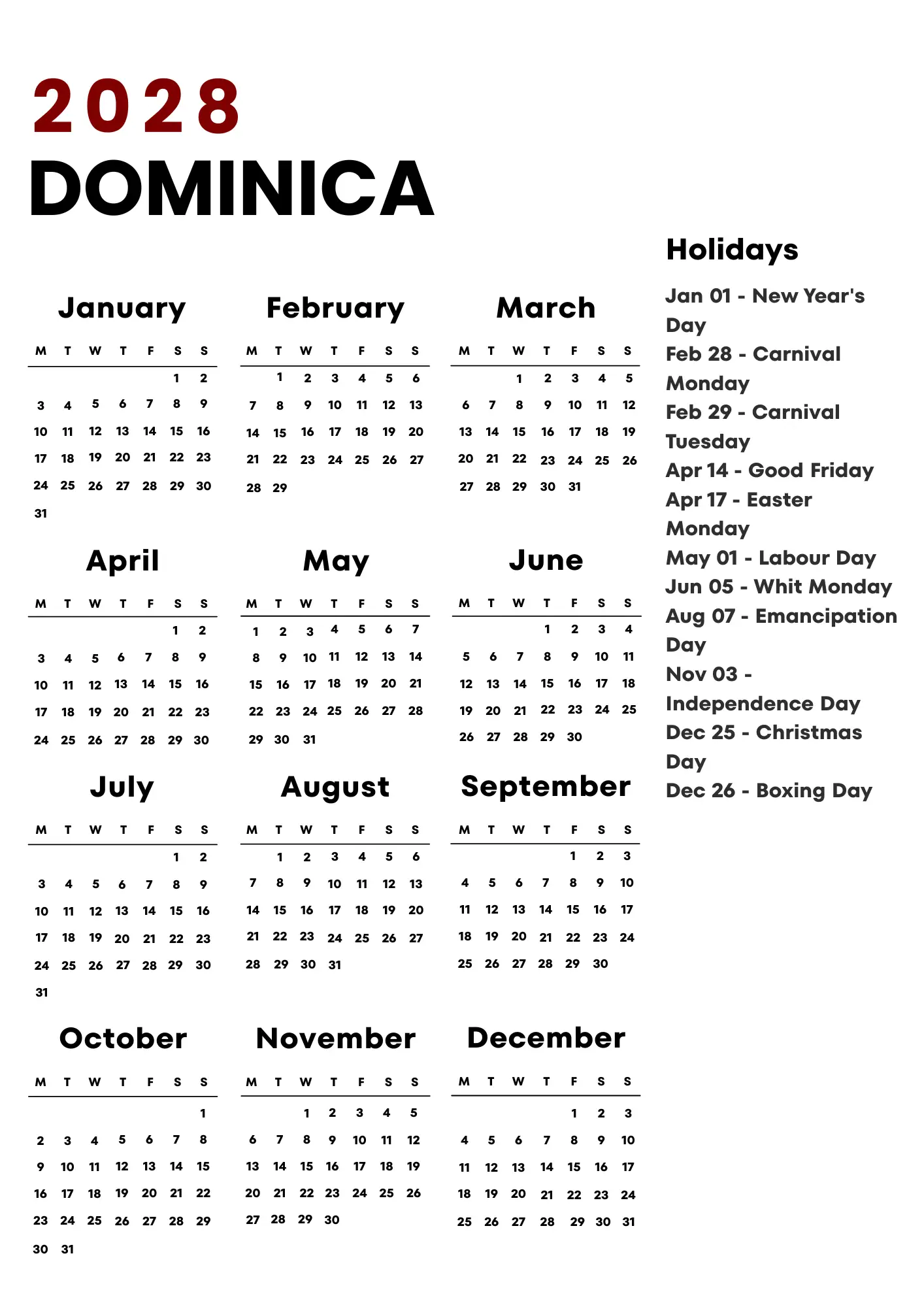 Dominica Calendar 2028