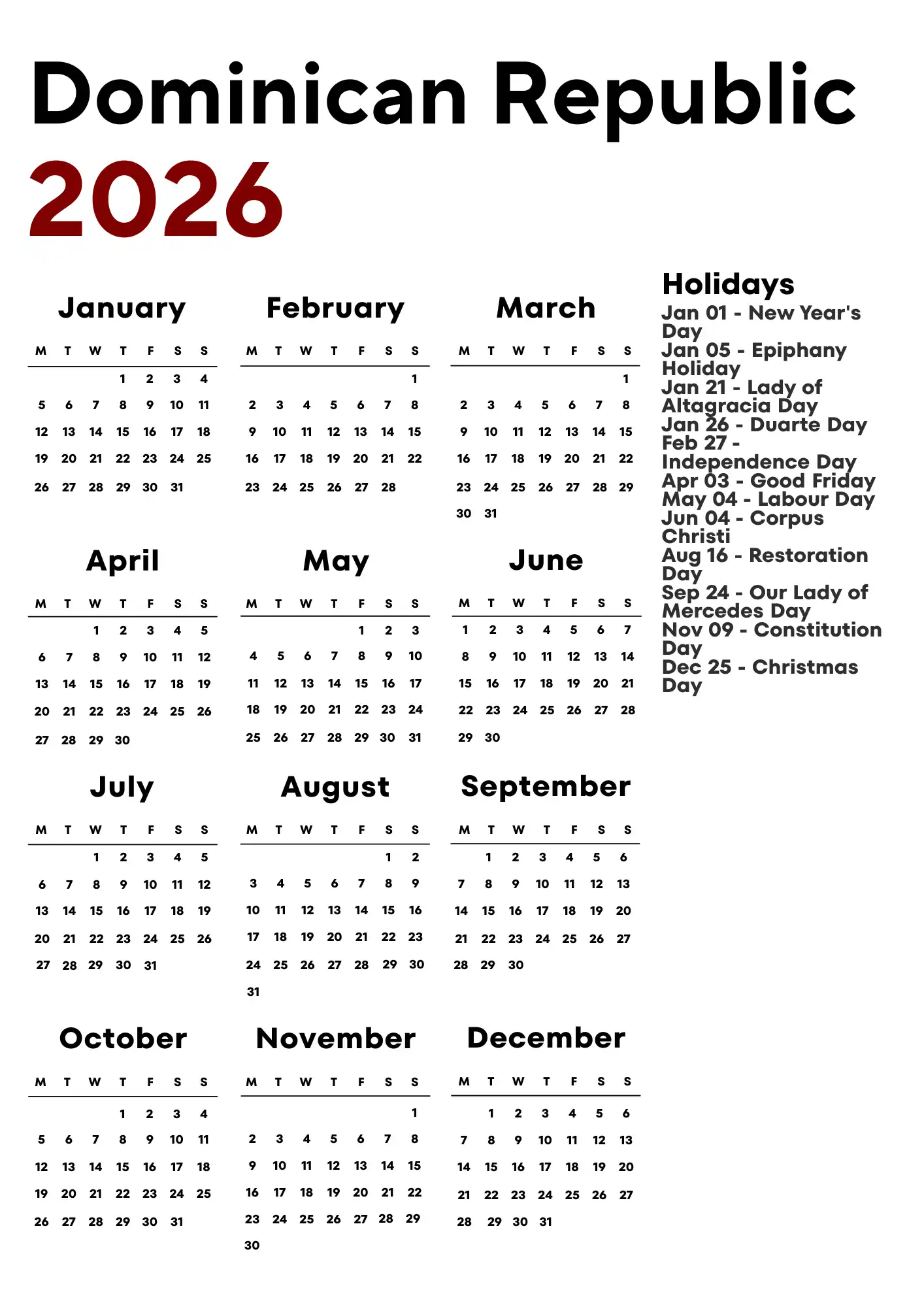 Dominican Republic Calendar 2026