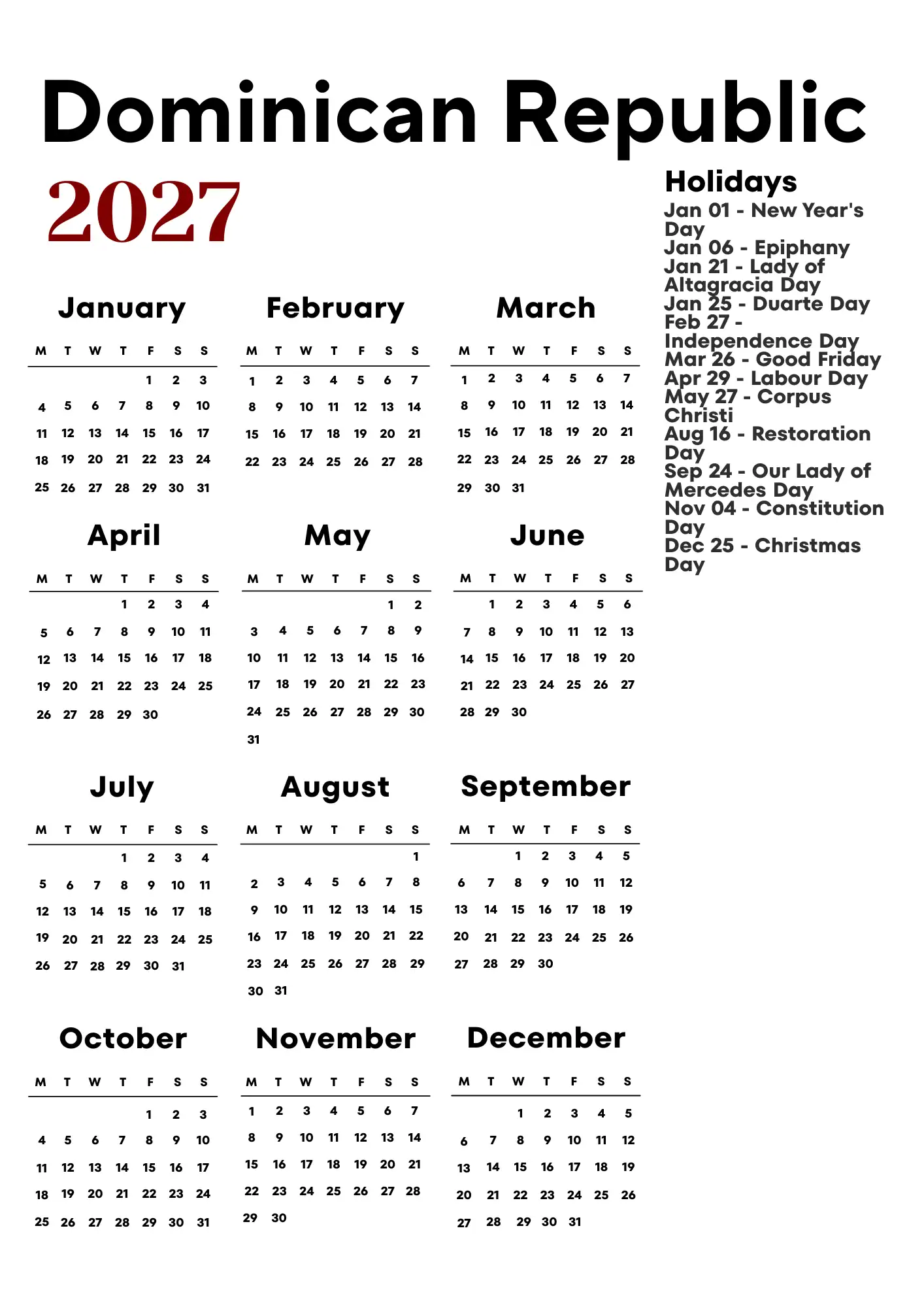 Dominican Republic Calendar 2027