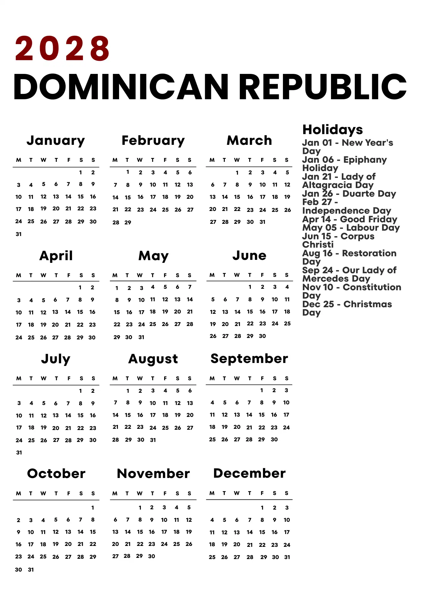 Dominican Republic Calendar 2028