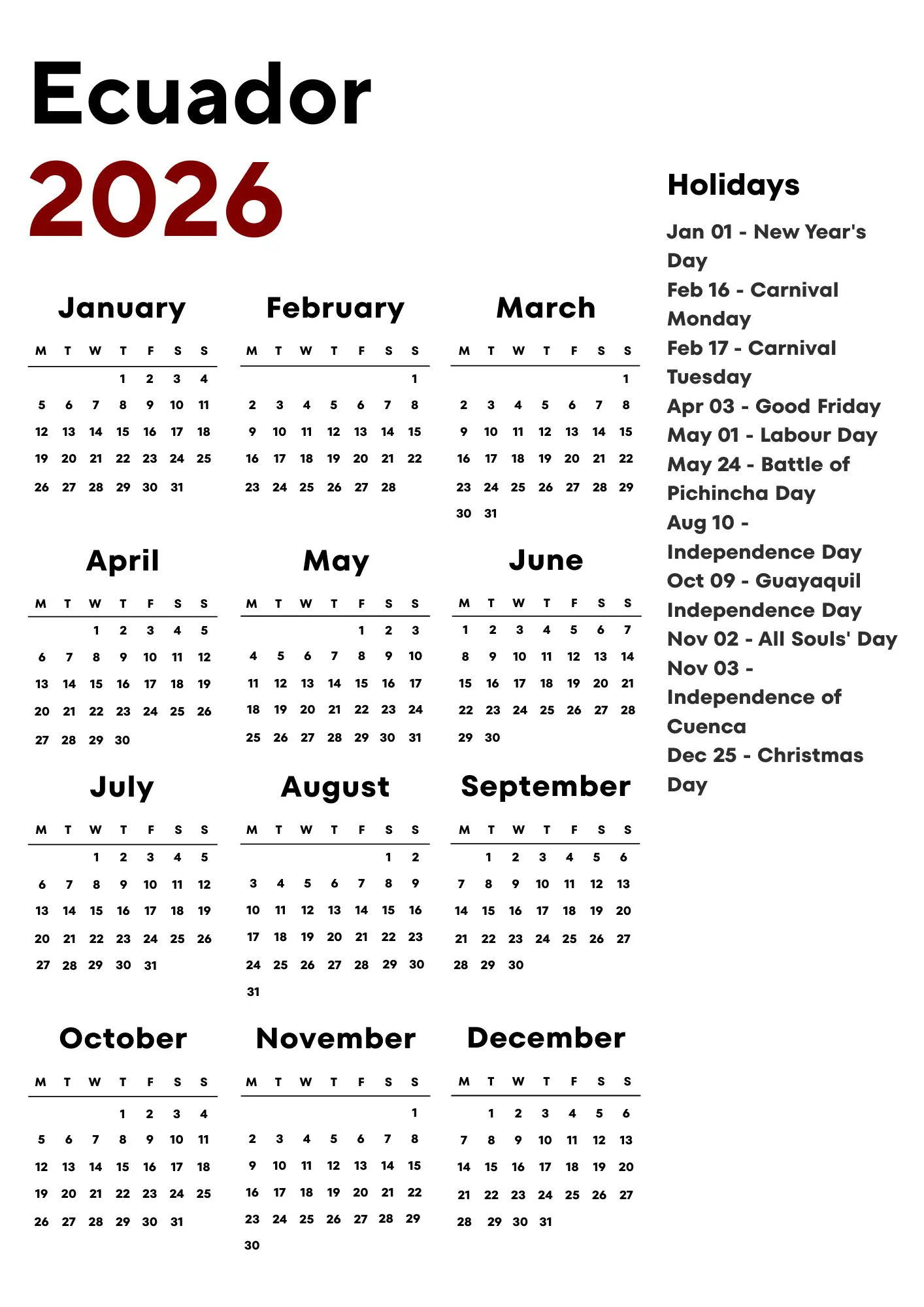 Ecuador Calendar 2026