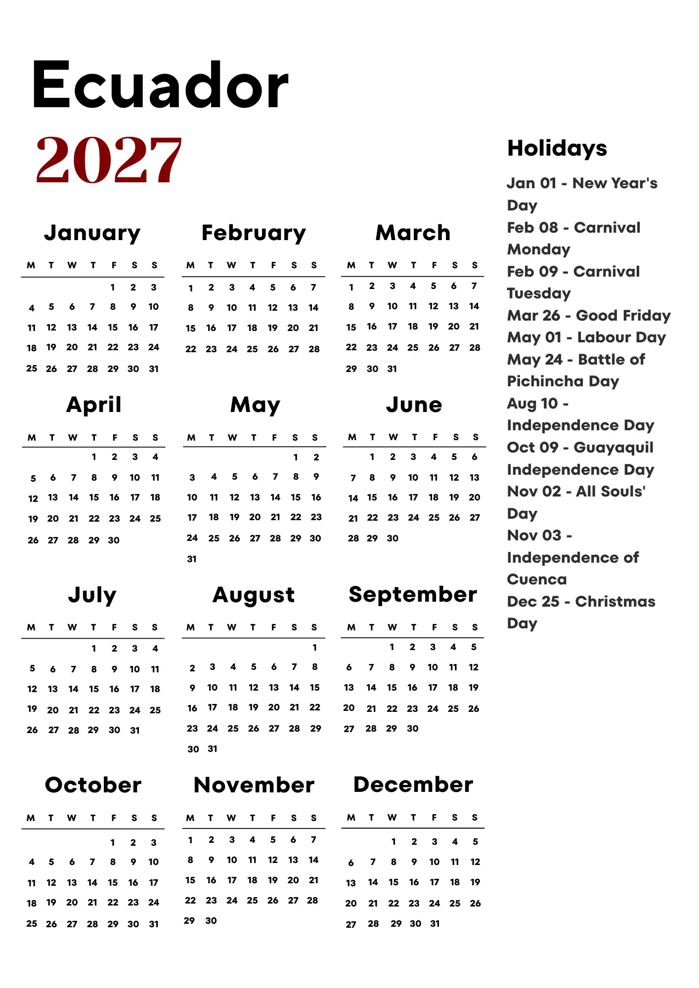 Ecuador Calendar 2027