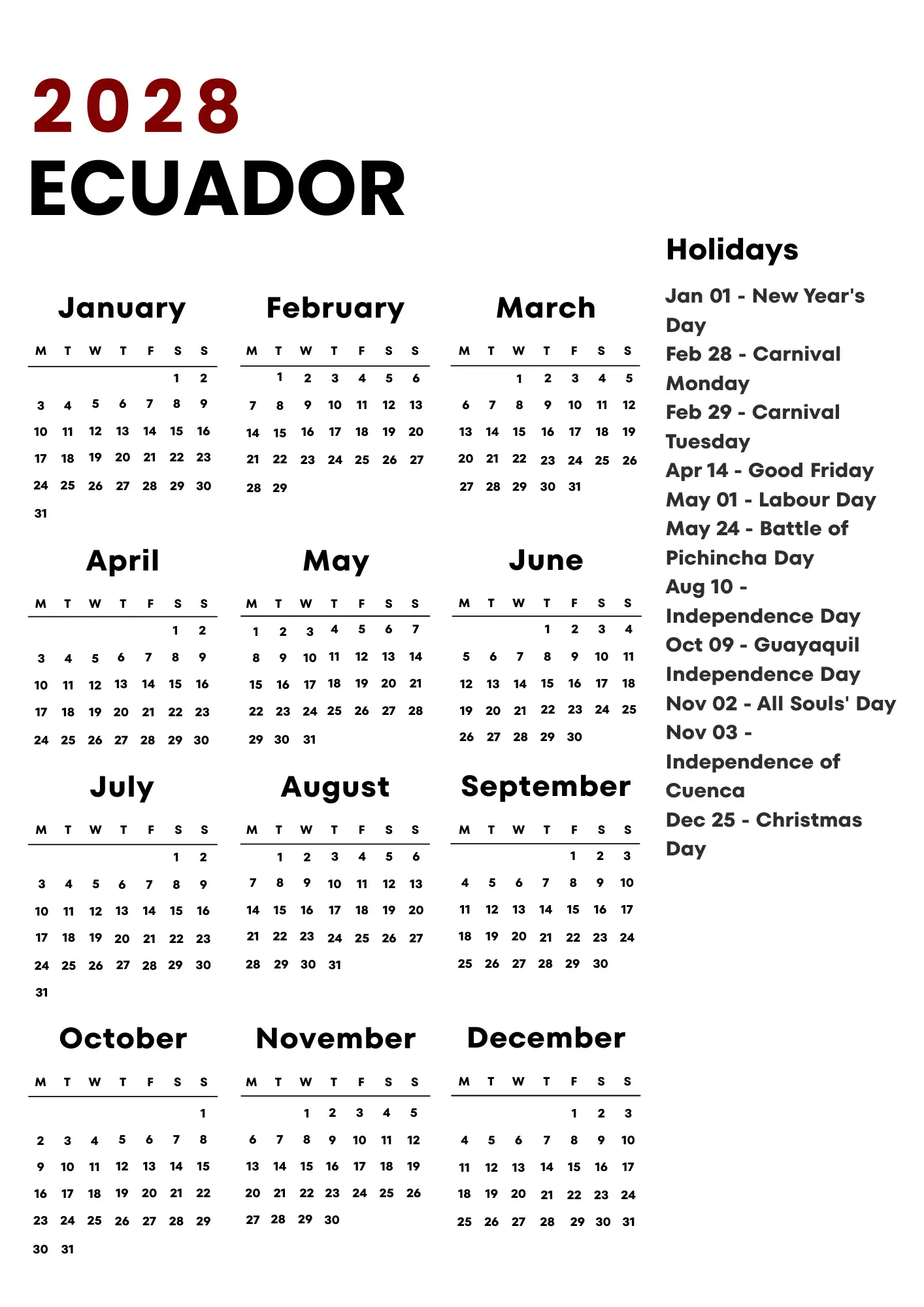 Ecuador Calendar 2028
