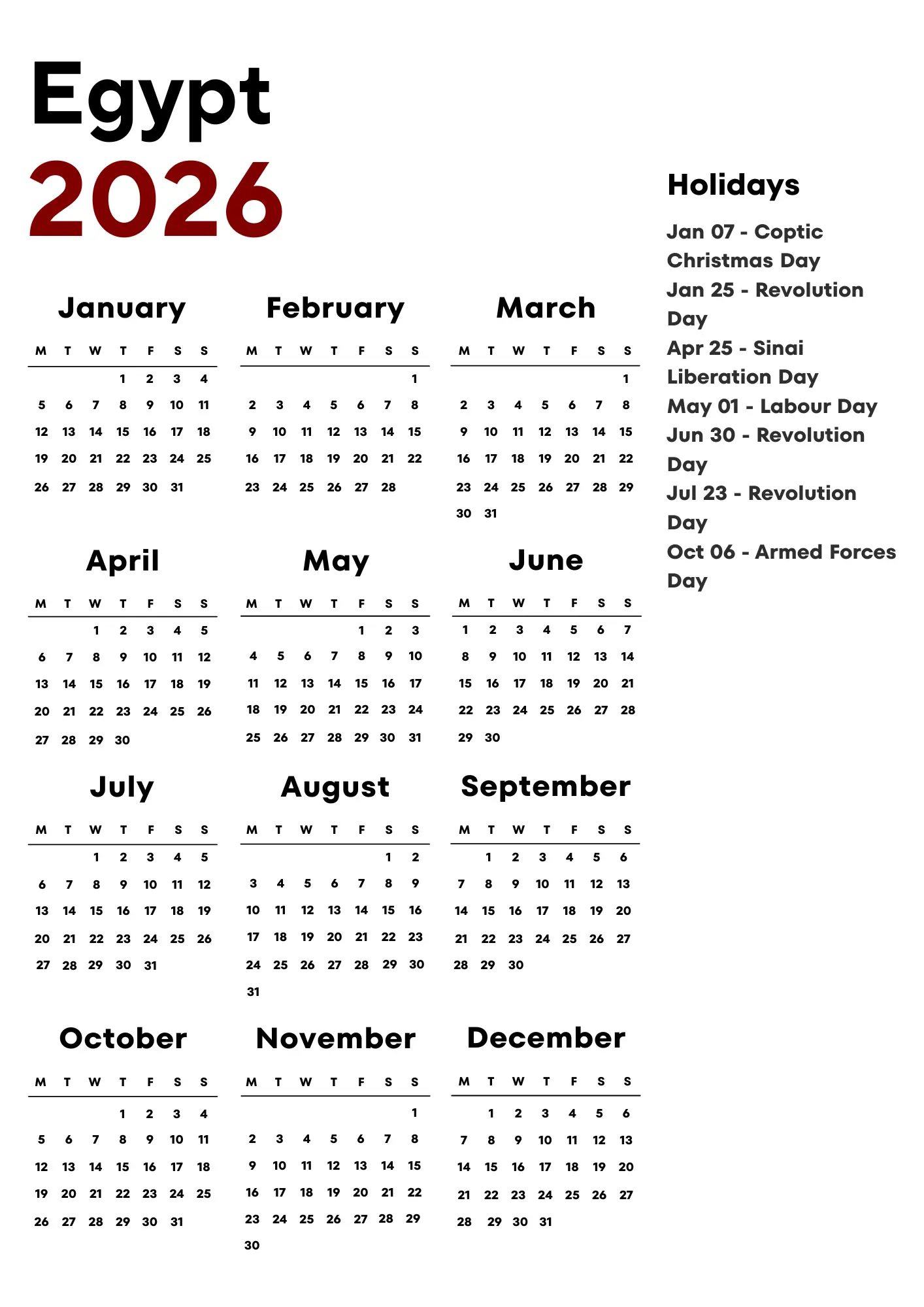 Egypt Calendar 2026