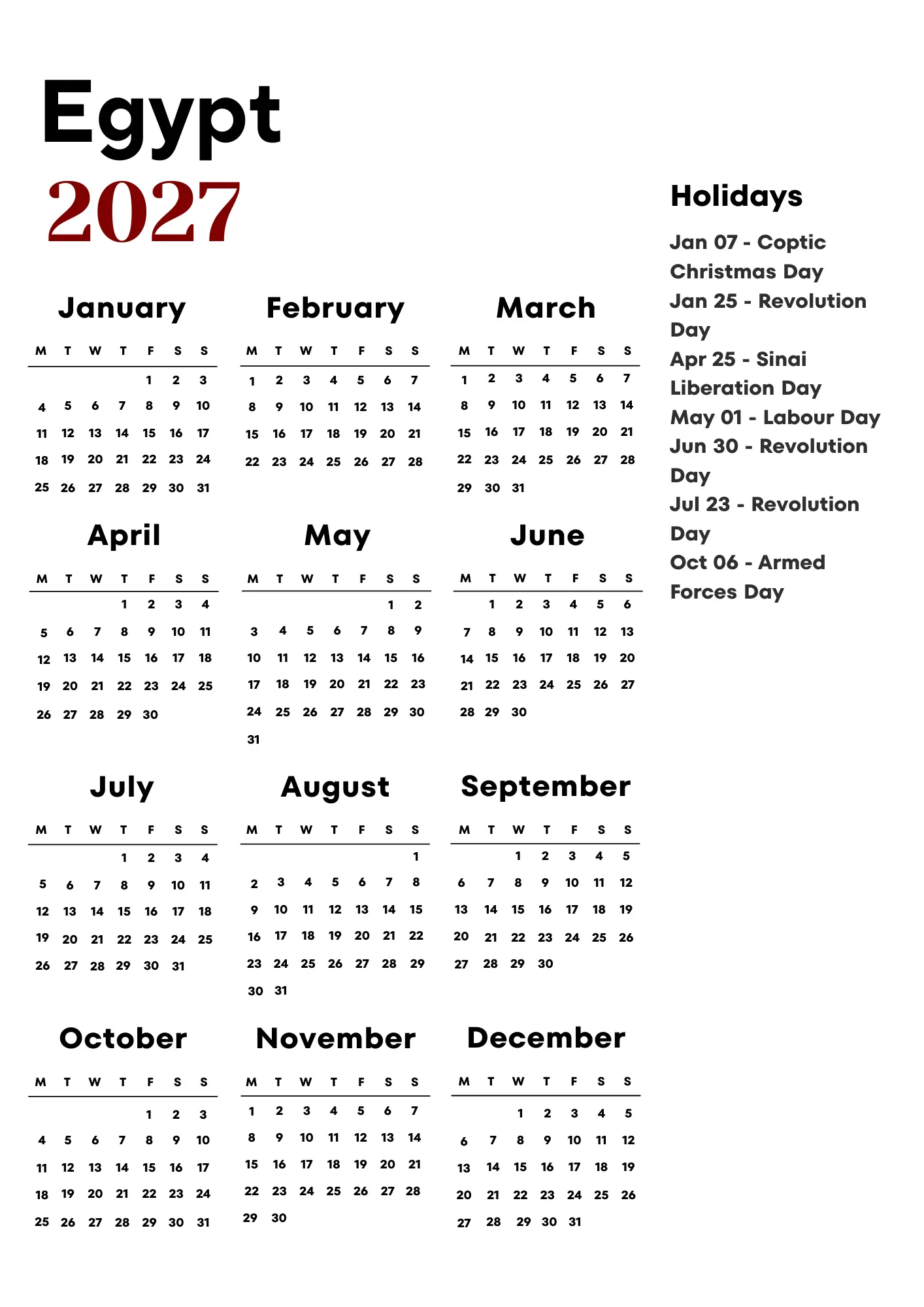 Egypt Calendar 2027