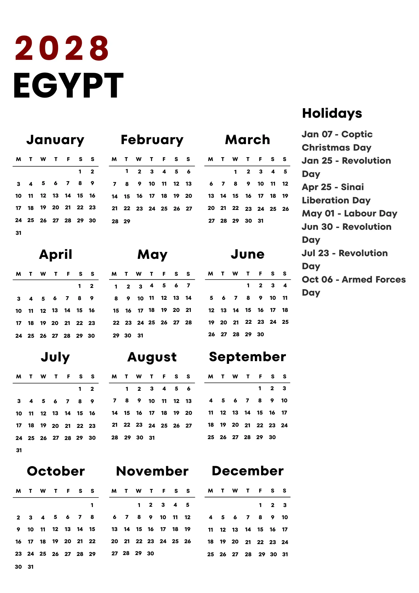 Egypt Calendar 2028