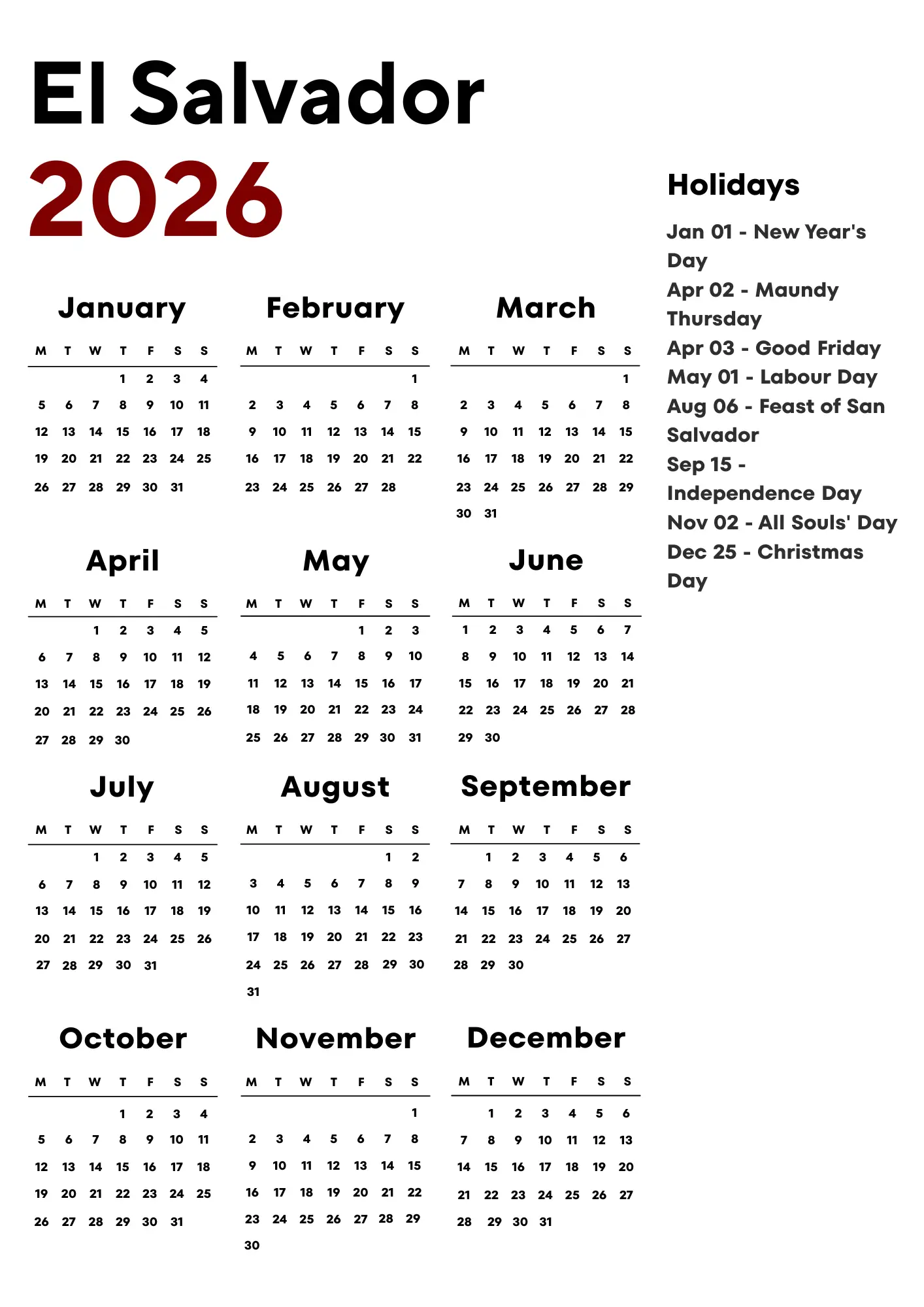 El Salvador Calendar 2026