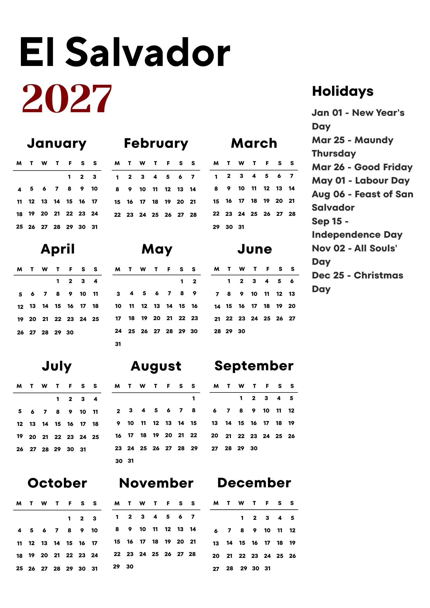 El Salvador Calendar 2027