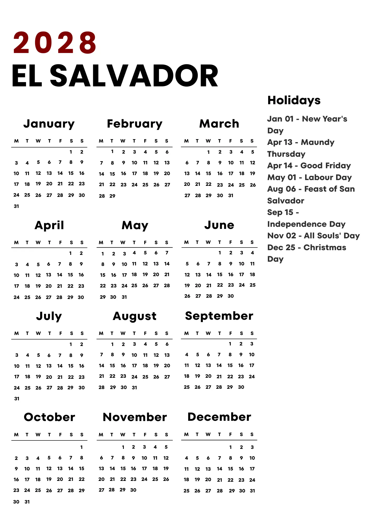 El Salvador Calendar 2028