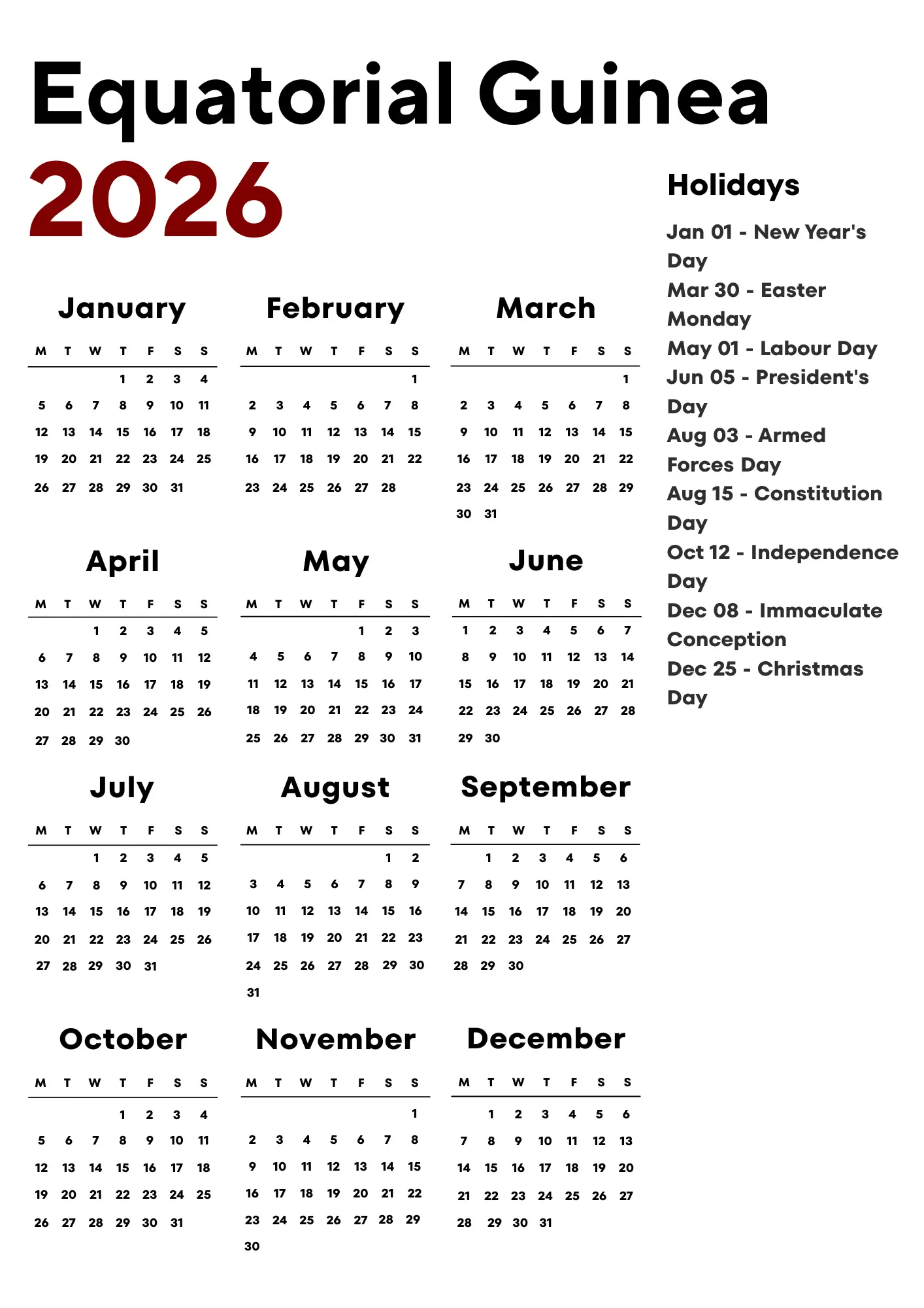 Equatorial Guinea Calendar 2026