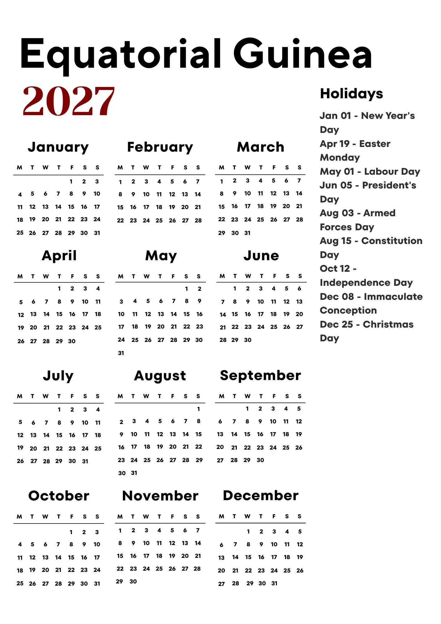 Equatorial Guinea Calendar 2027