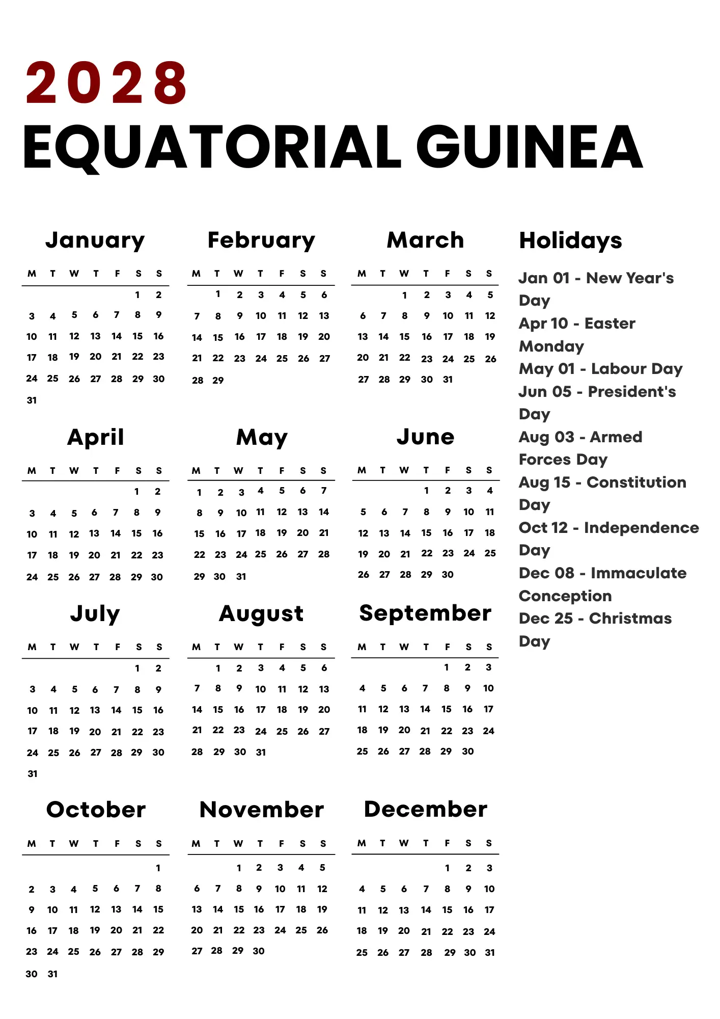 Equatorial Guinea Calendar 2028