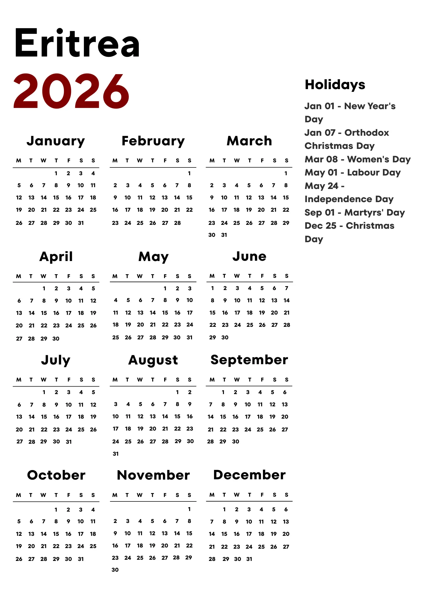 Eritrea Calendar 2026