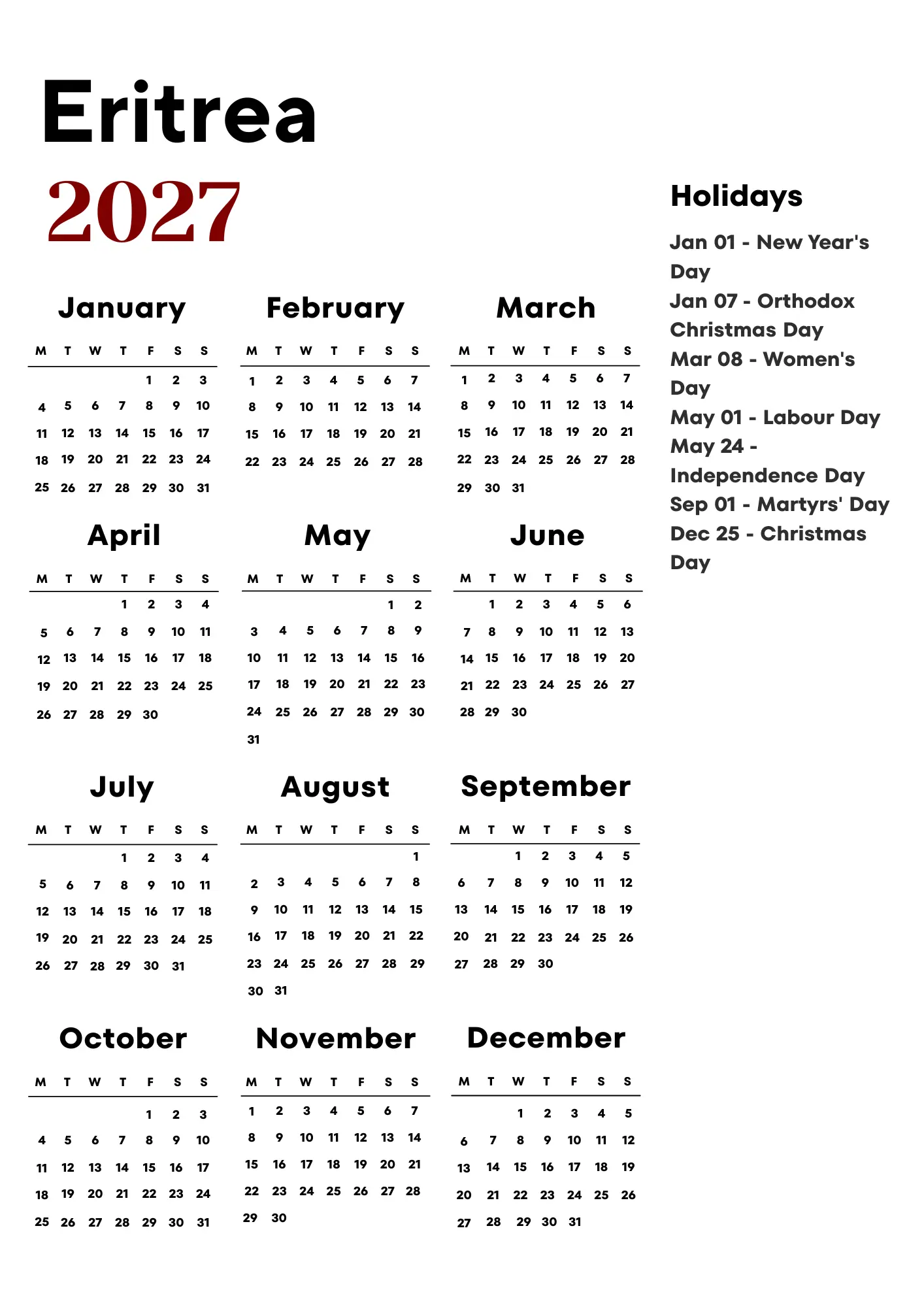 Eritrea Calendar 2027
