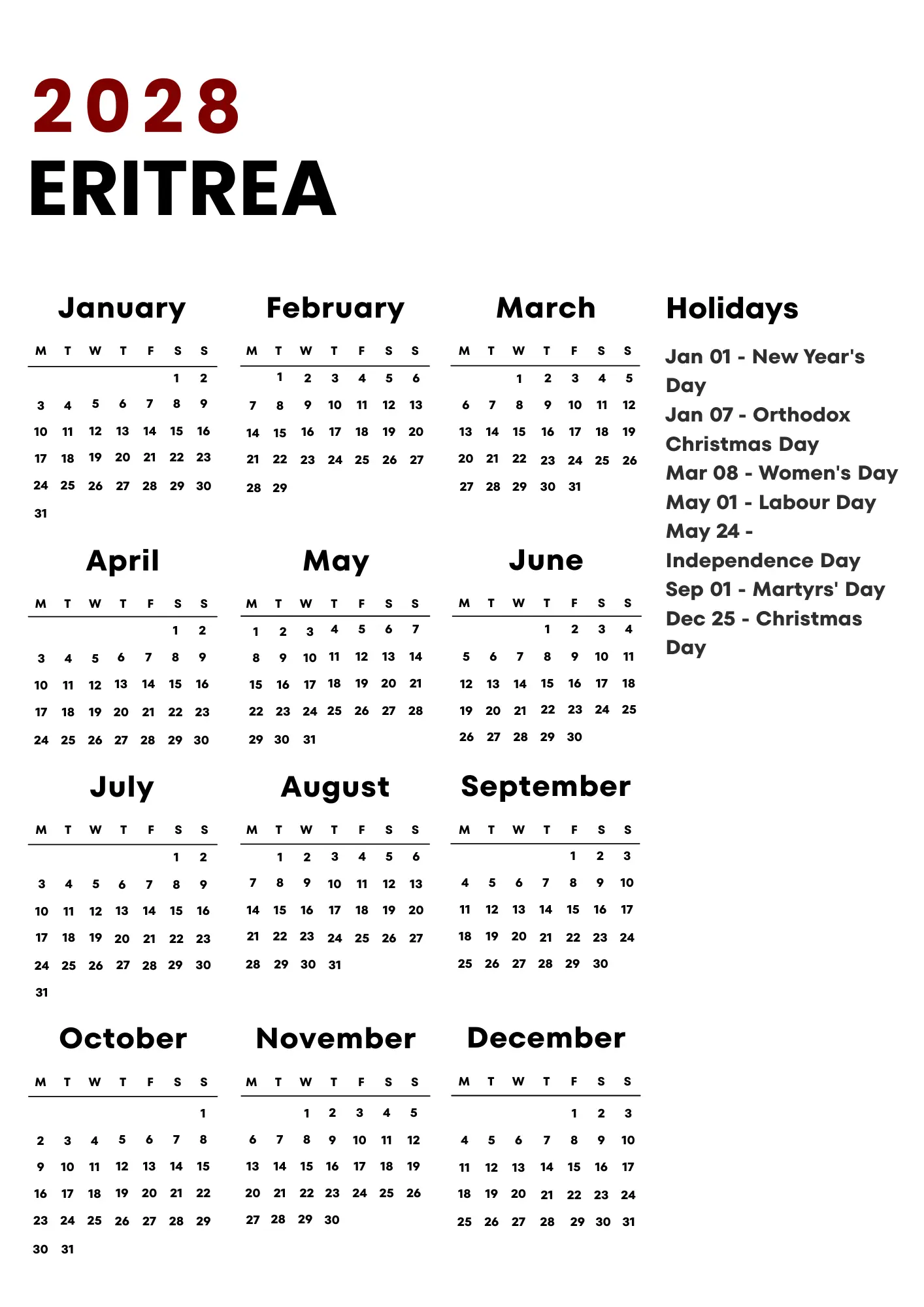 Eritrea Calendar 2028