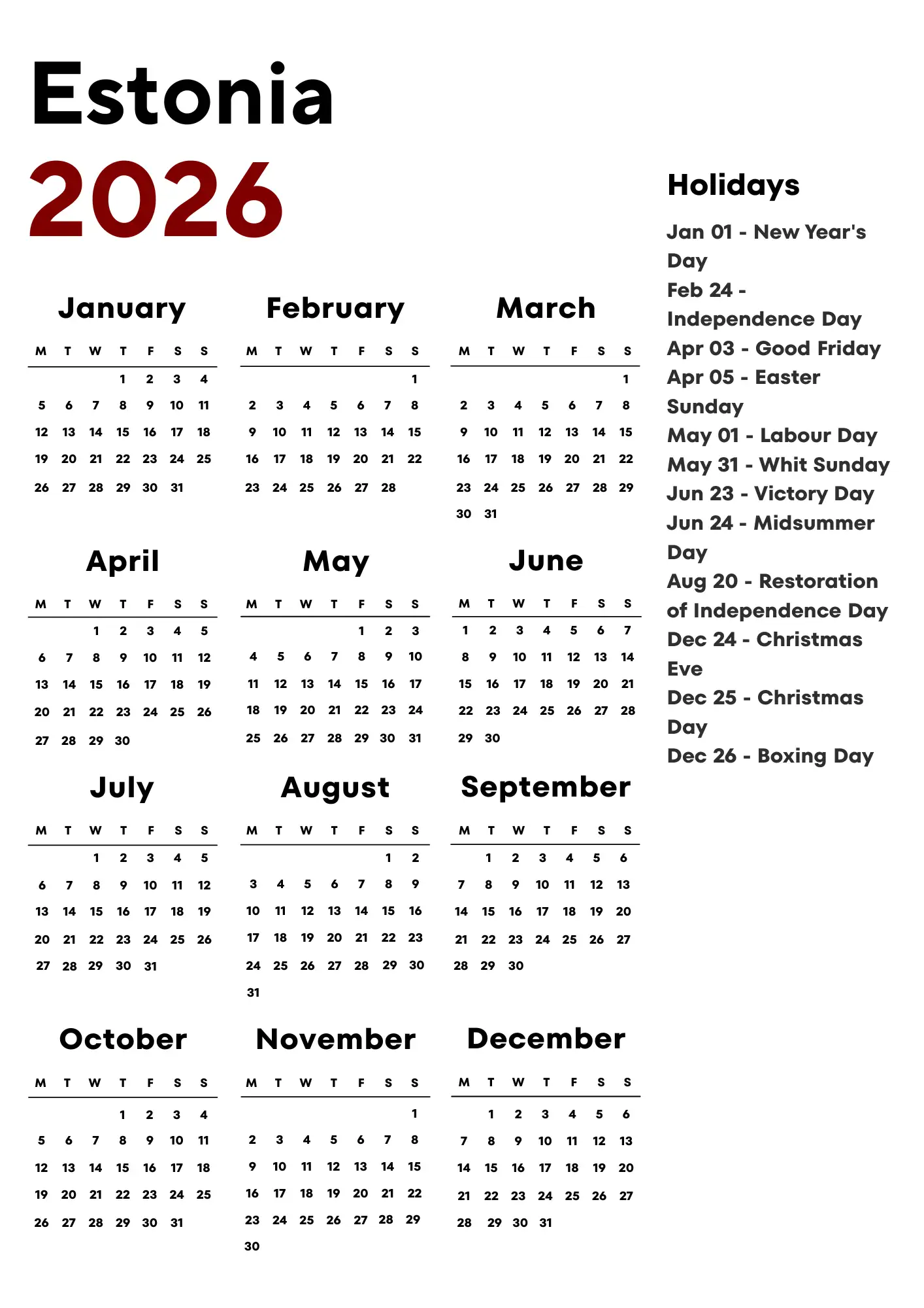 Estonia Calendar 2026