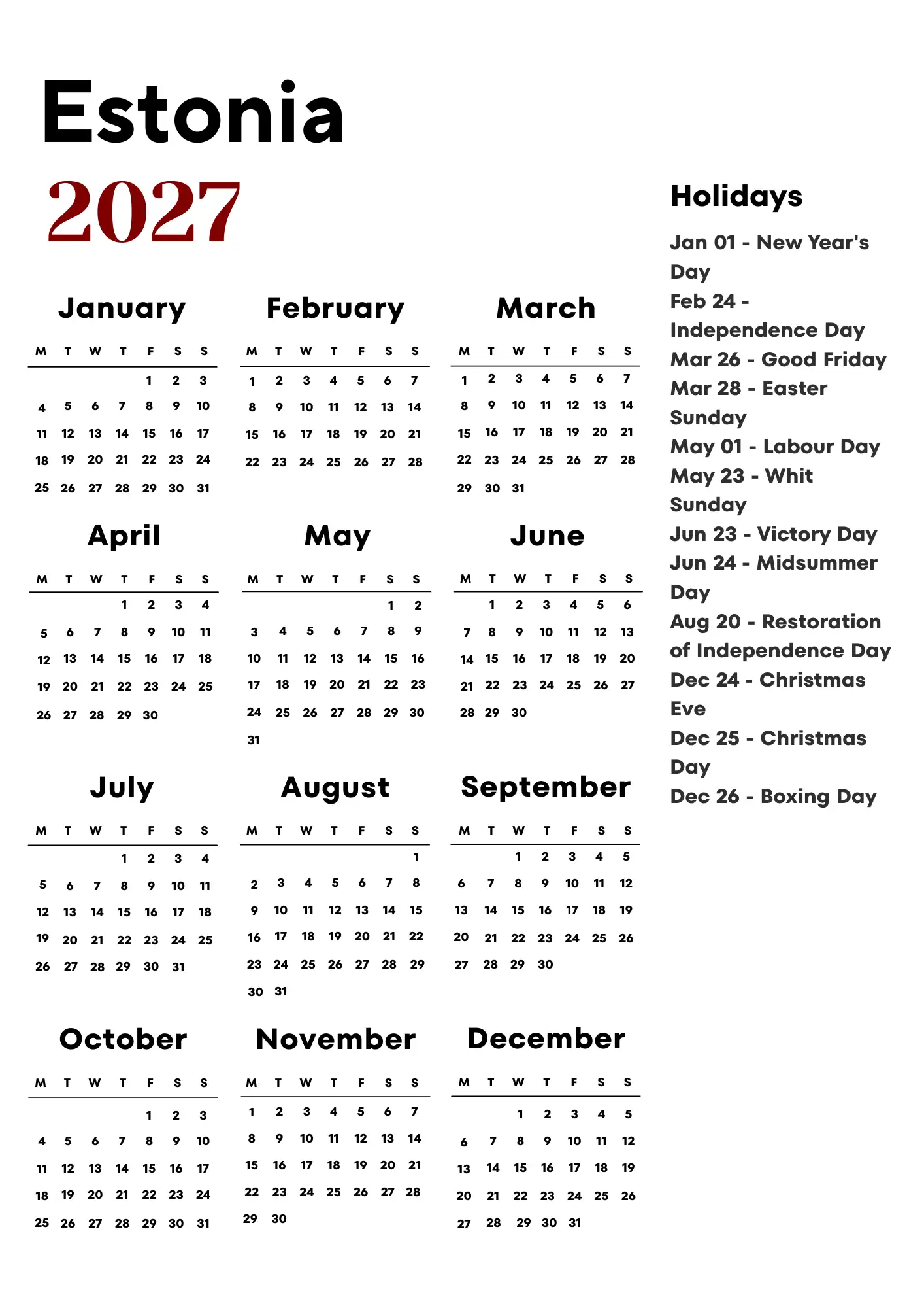 Estonia Calendar 2027