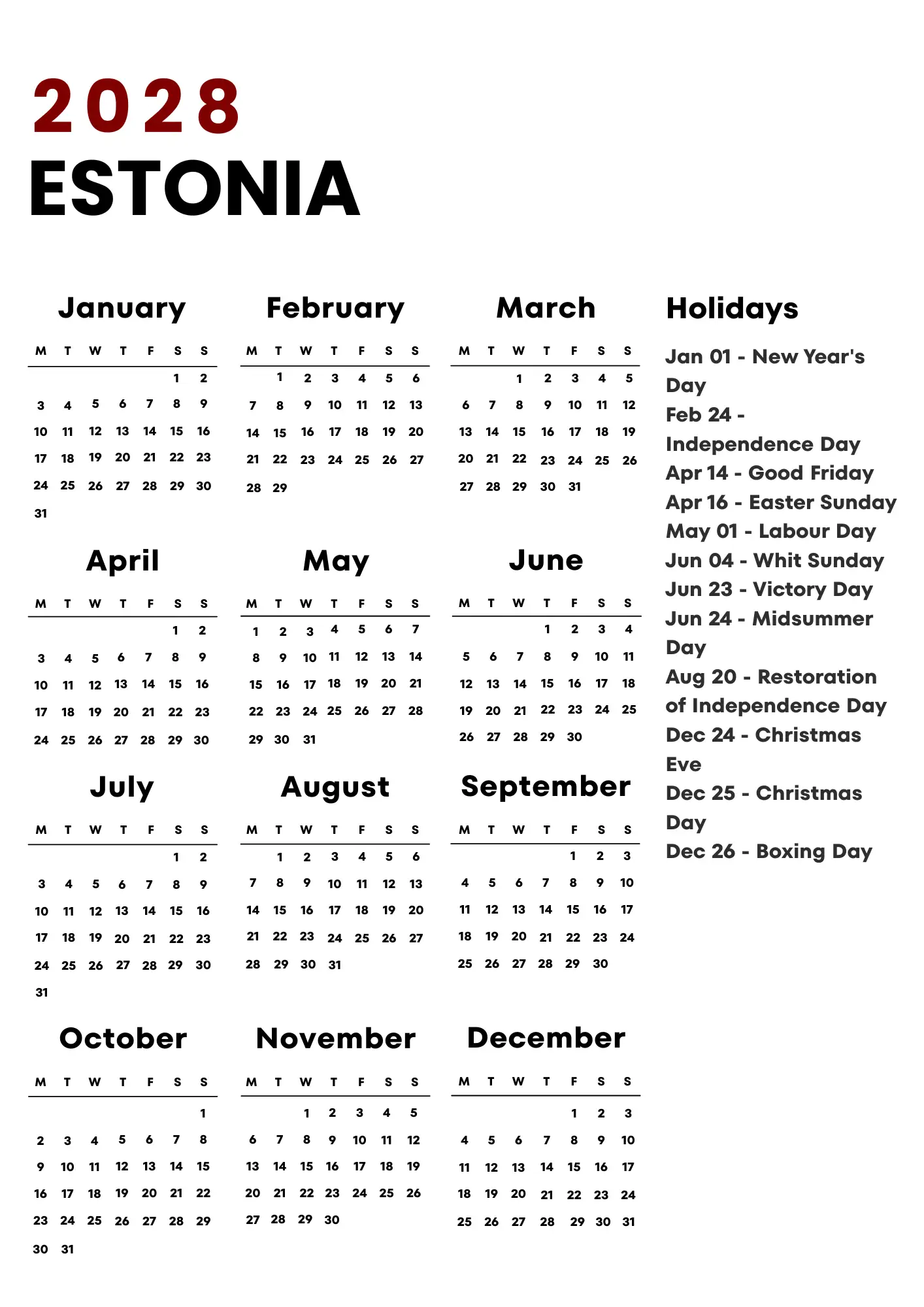 Estonia Calendar 2028