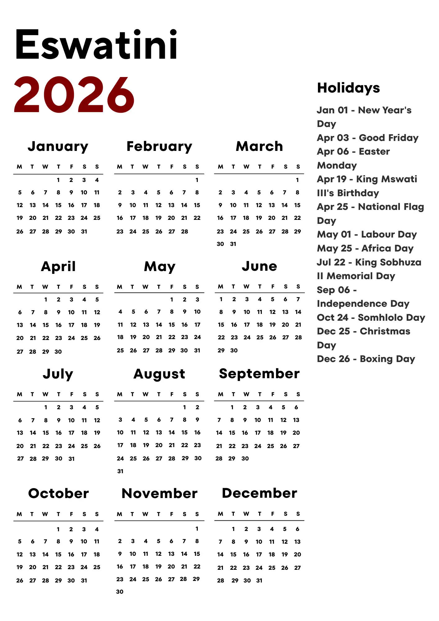 Eswatini Calendar 2026