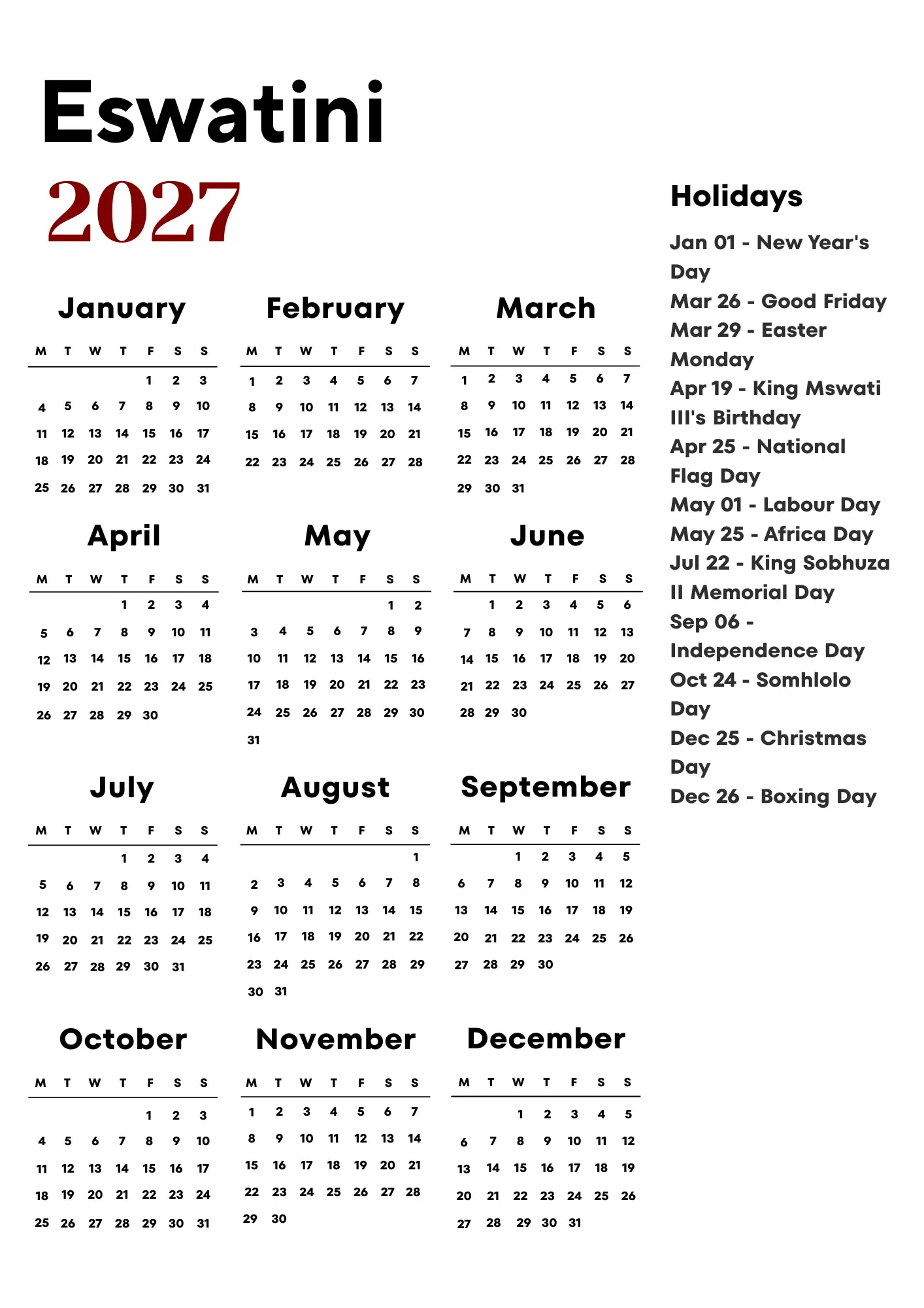 Eswatini Calendar 2027