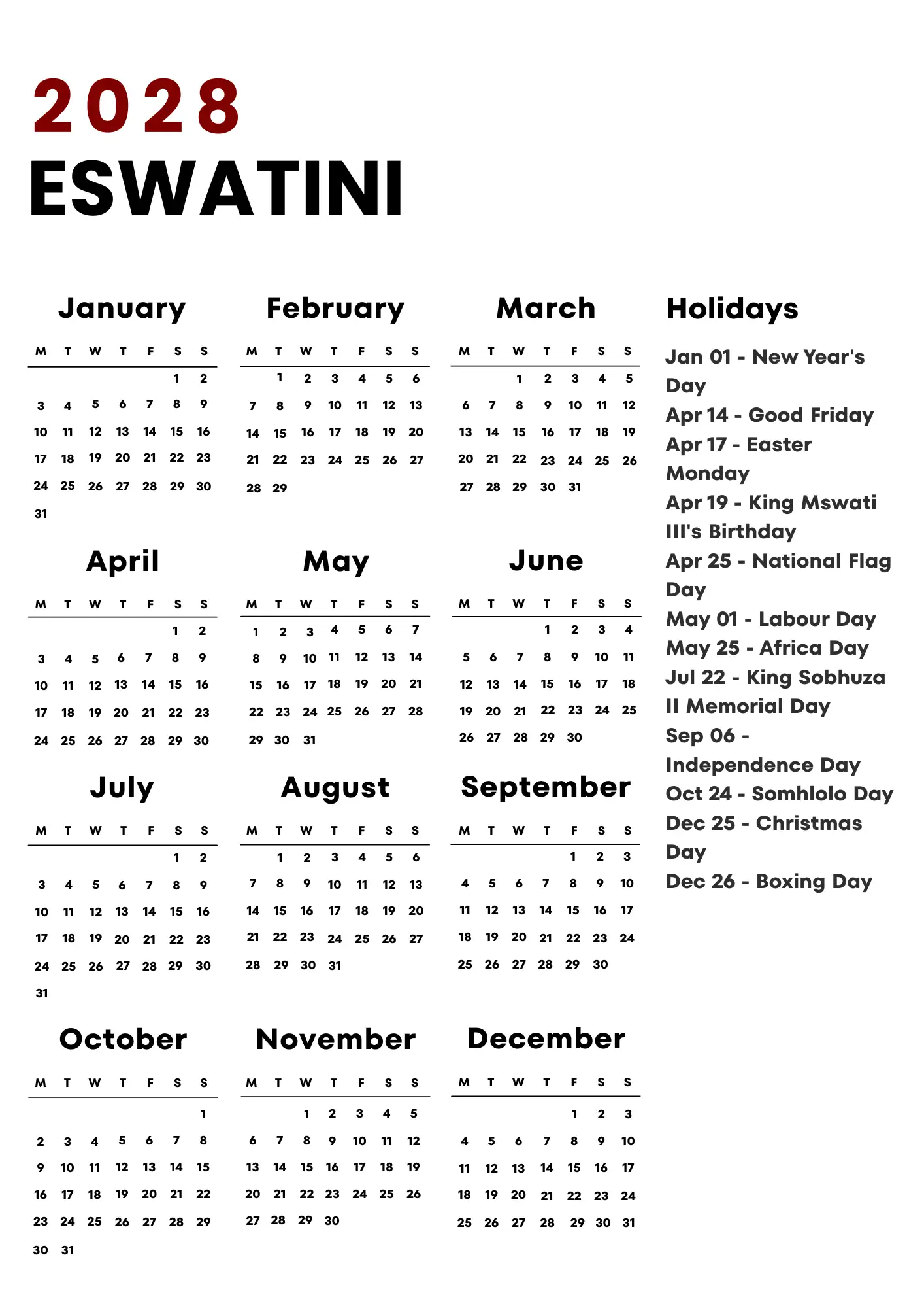 Eswatini Calendar 2028