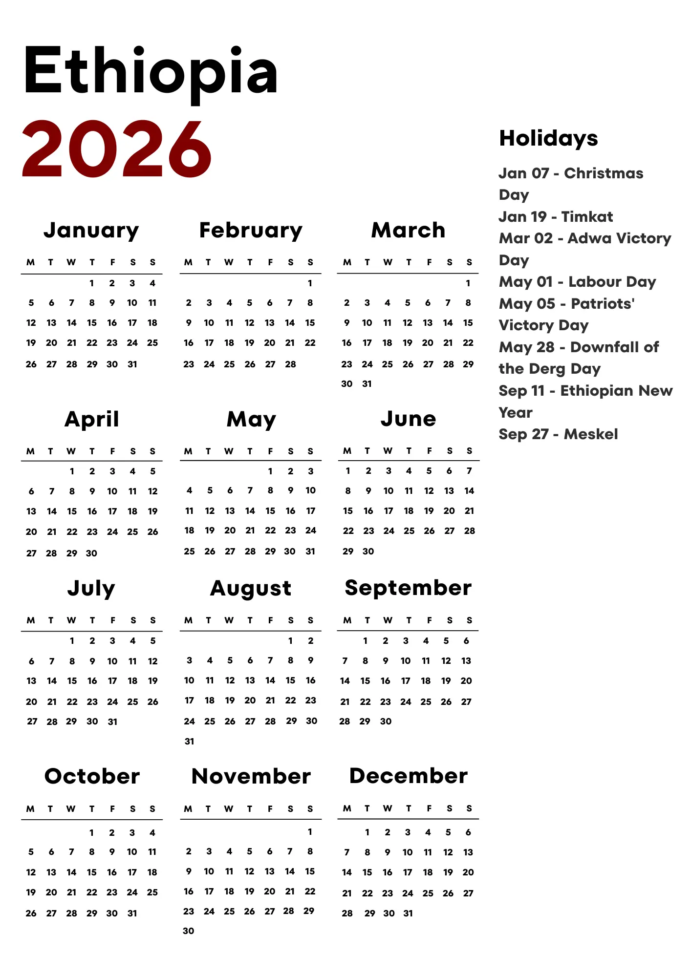 Ethiopia Calendar 2026