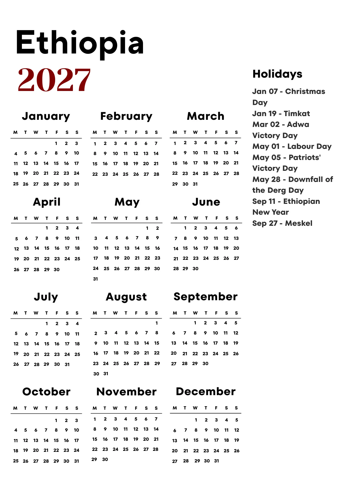 Ethiopia Calendar 2027