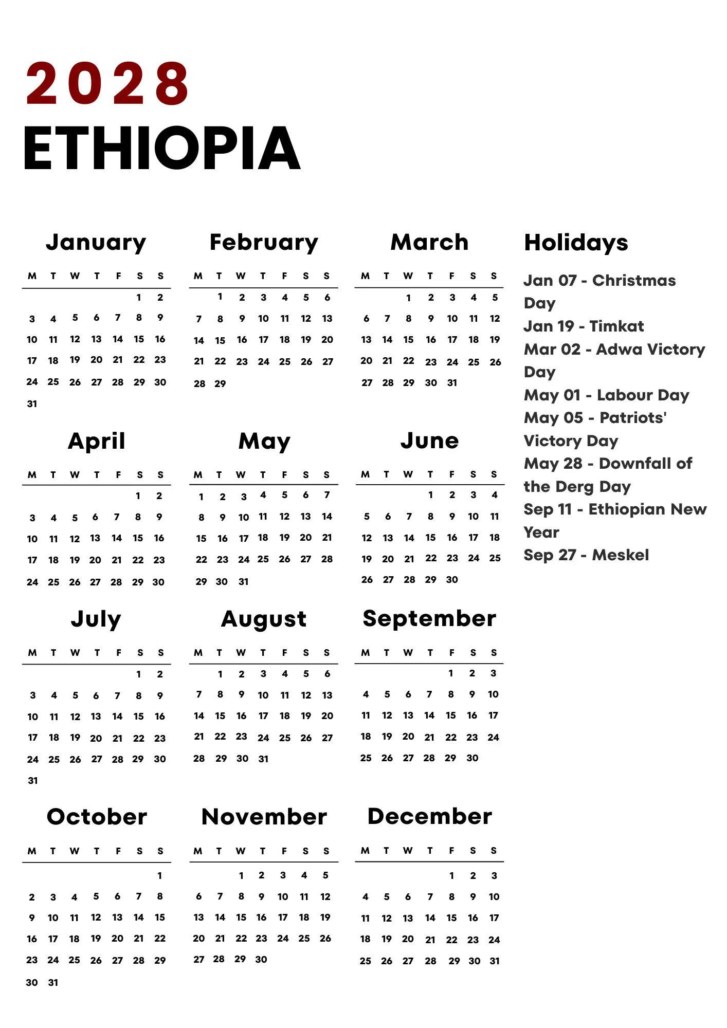 Ethiopia Calendar 2028