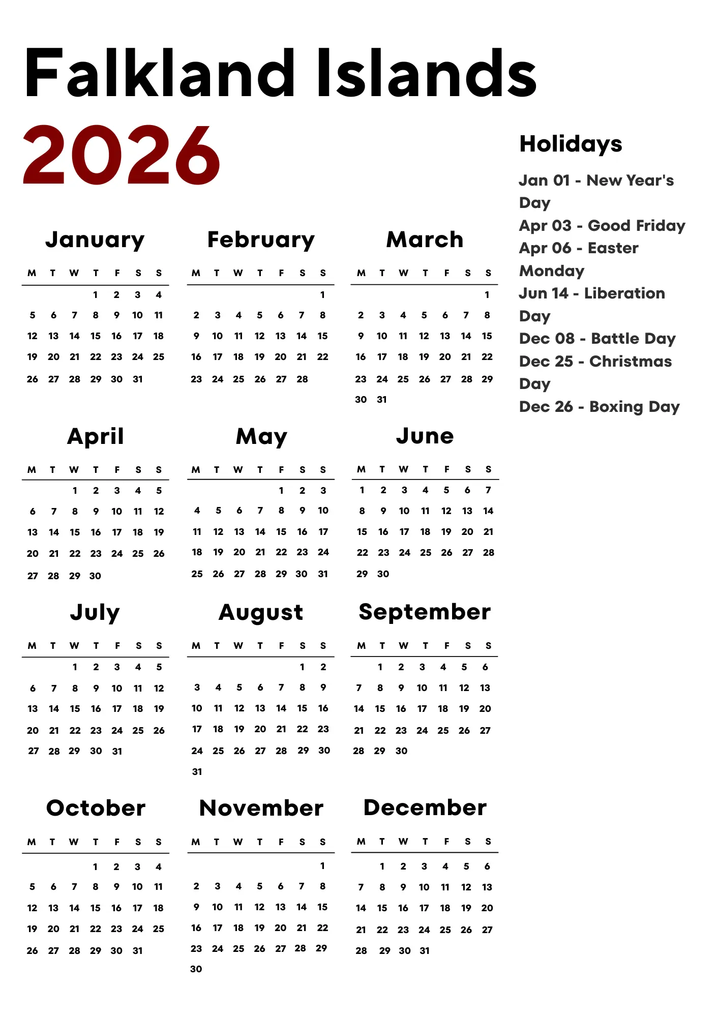Falkland Islands Calendar 2026