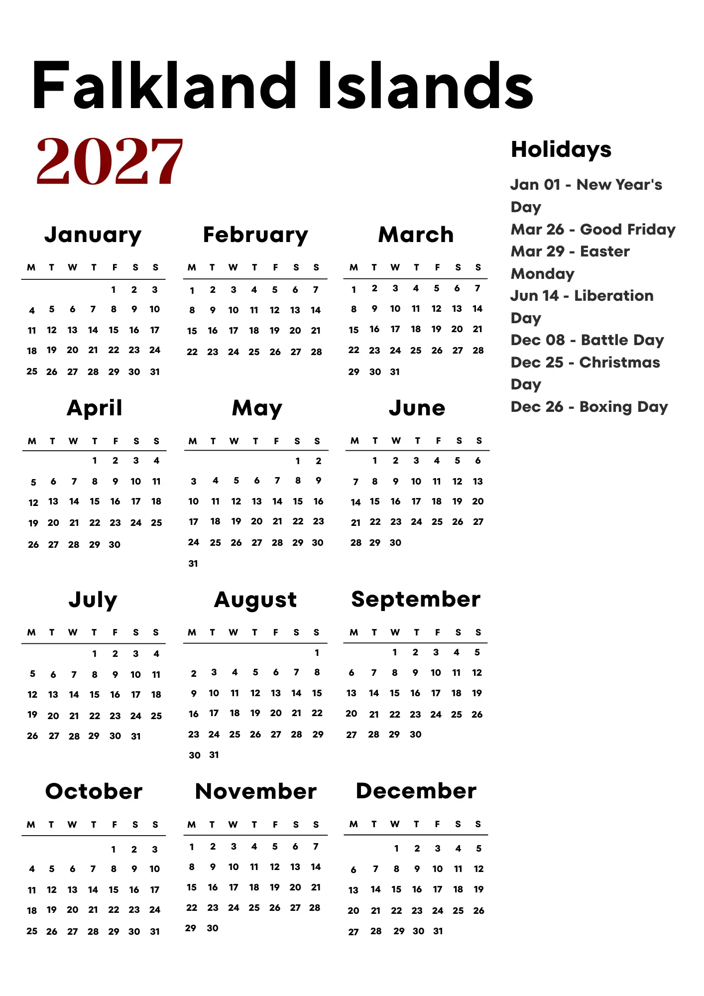 Falkland Islands Calendar 2027